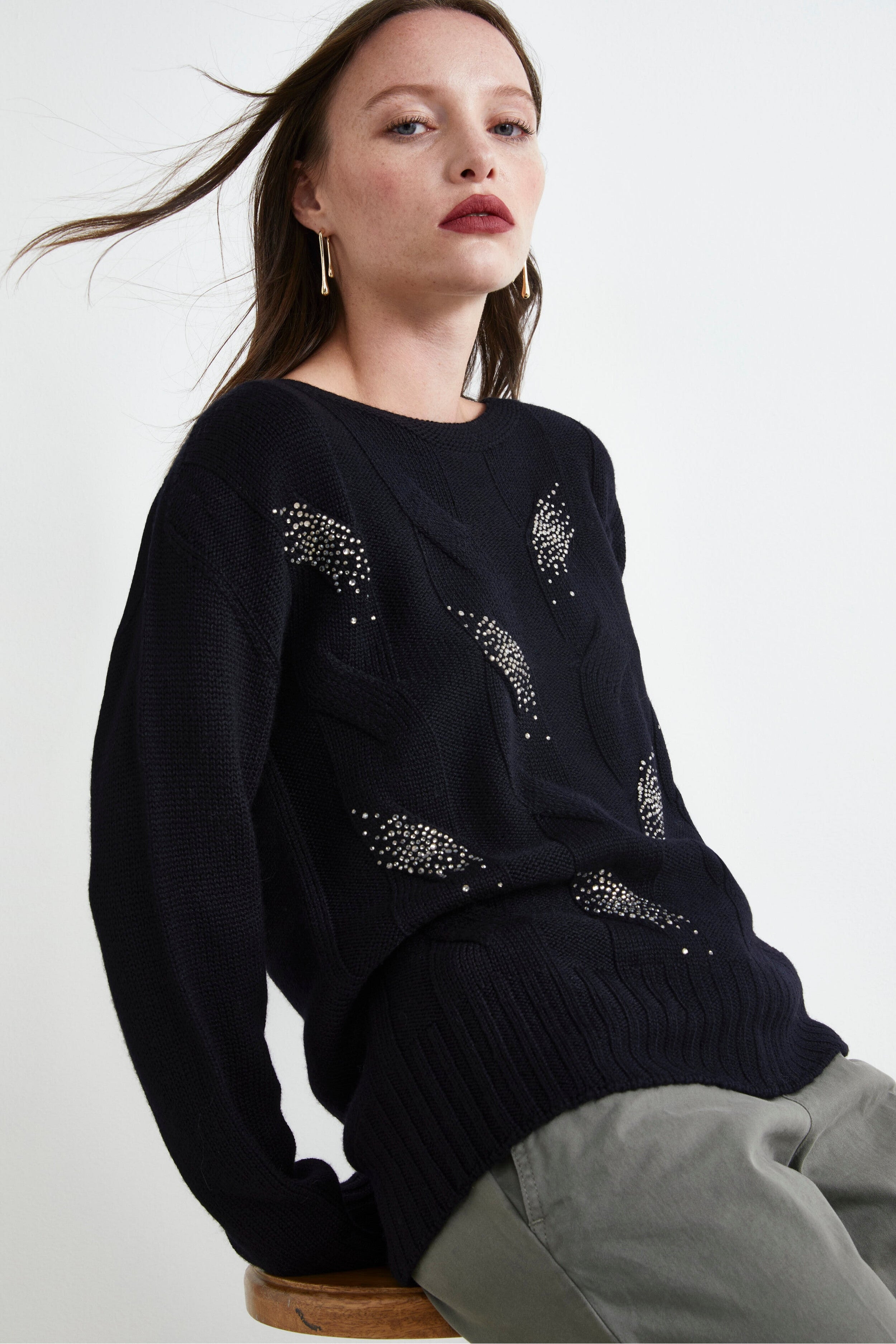 Cable Knit Sweater with Rhinestones - BLACK