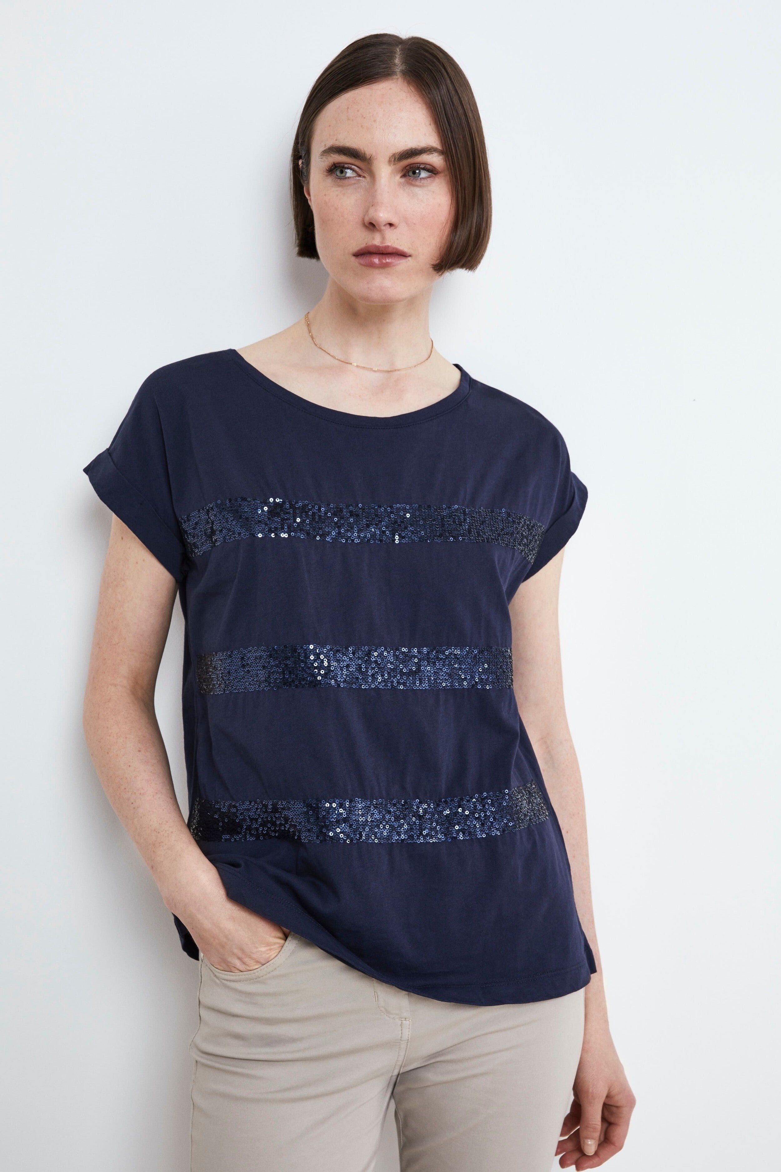 T-Shirt mit Baumwollpailletten  - DUNKELBLAU