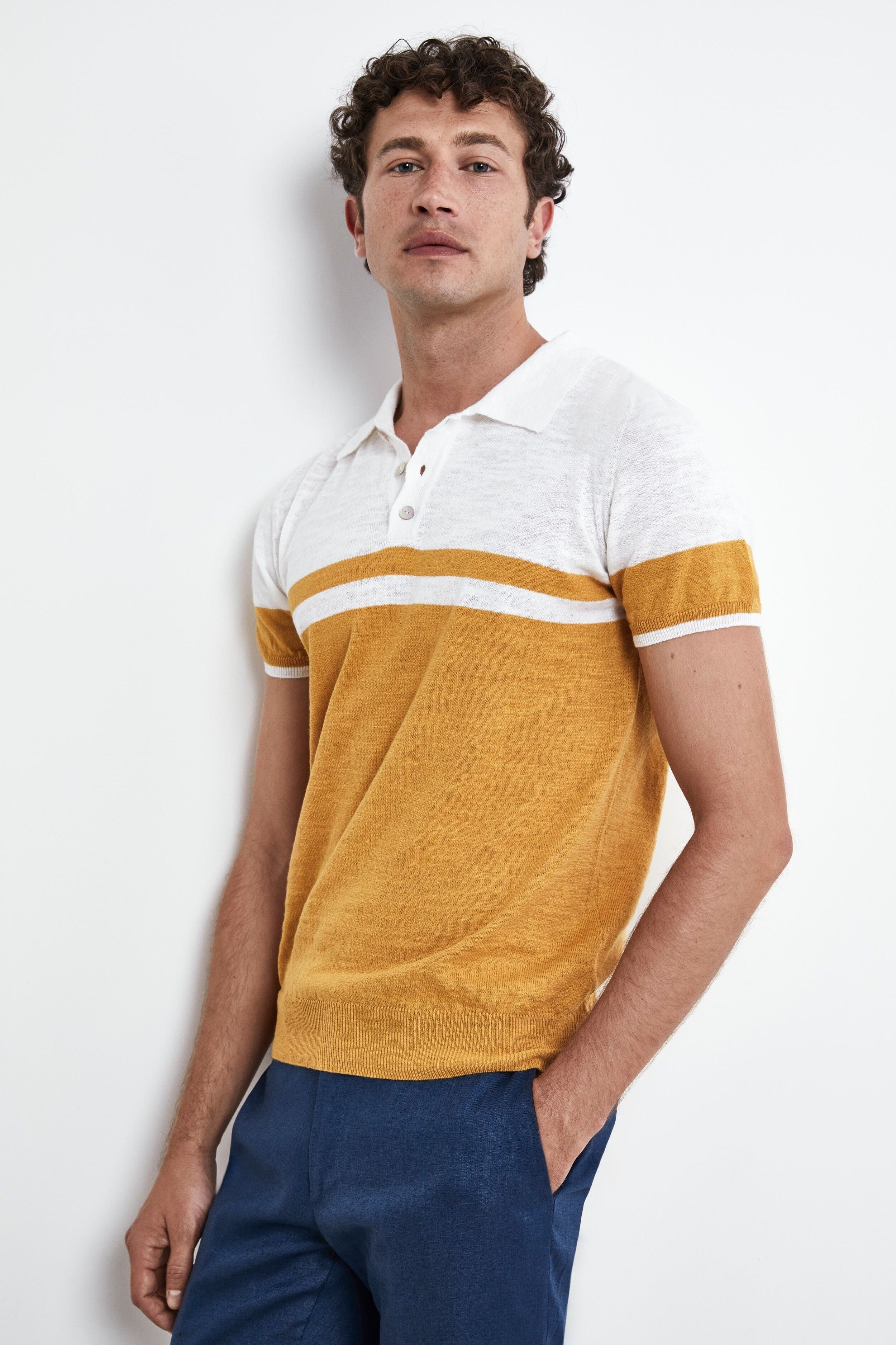 Knitted patterned polo shirt - Mustard-Cream