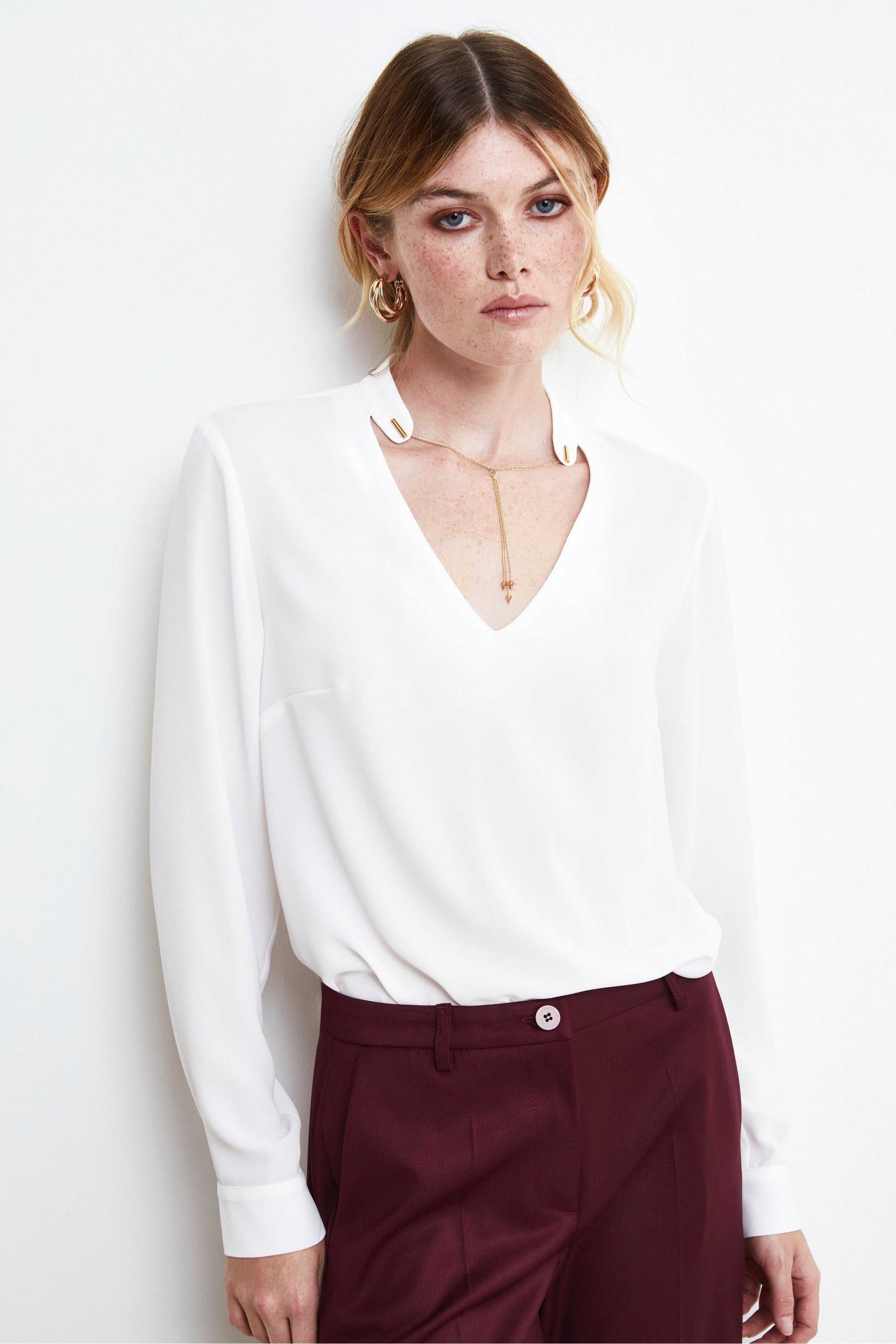 V-Neck Blouse with Jewel Detail - CREAM