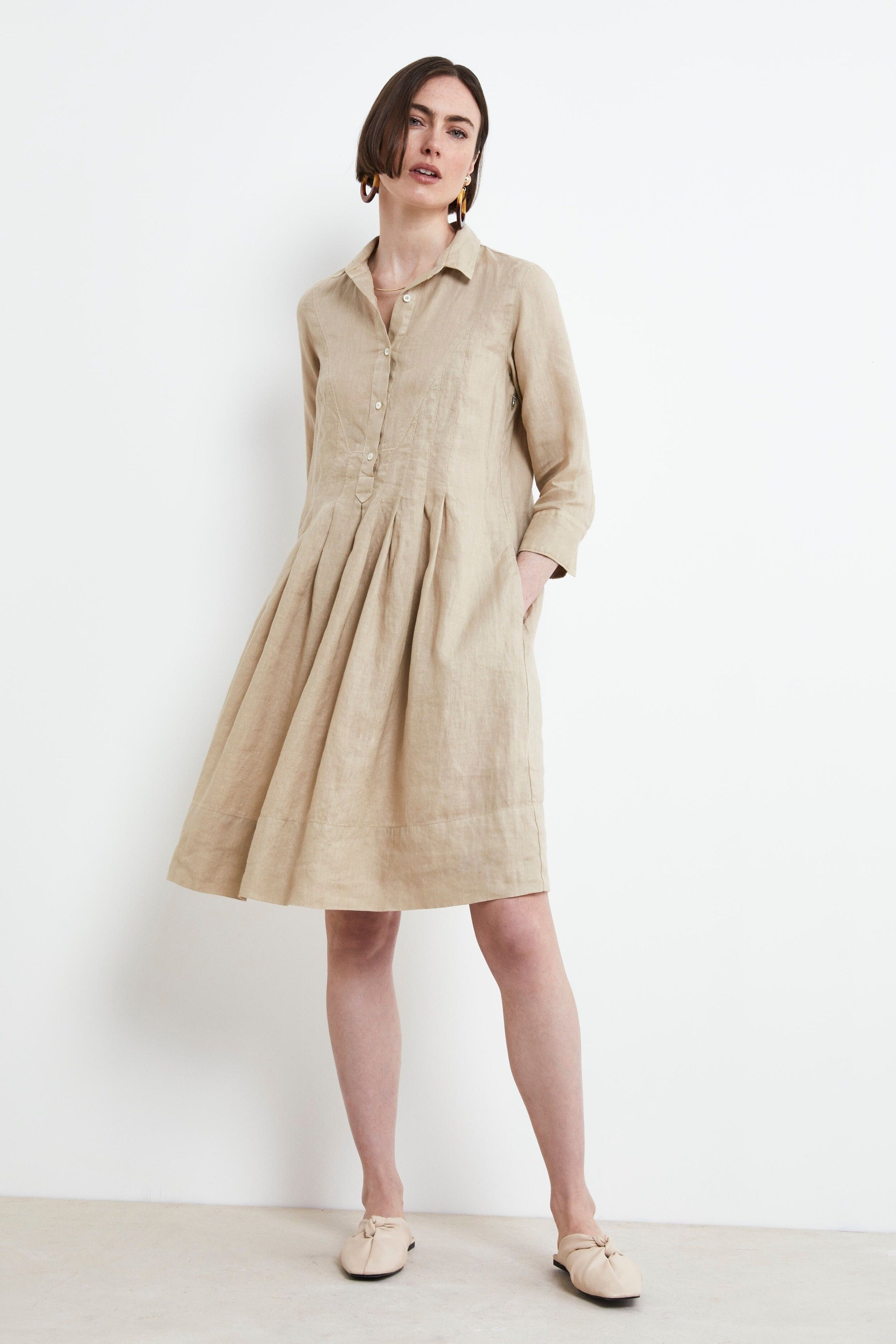 Linen Shirt Dress - BEIGE