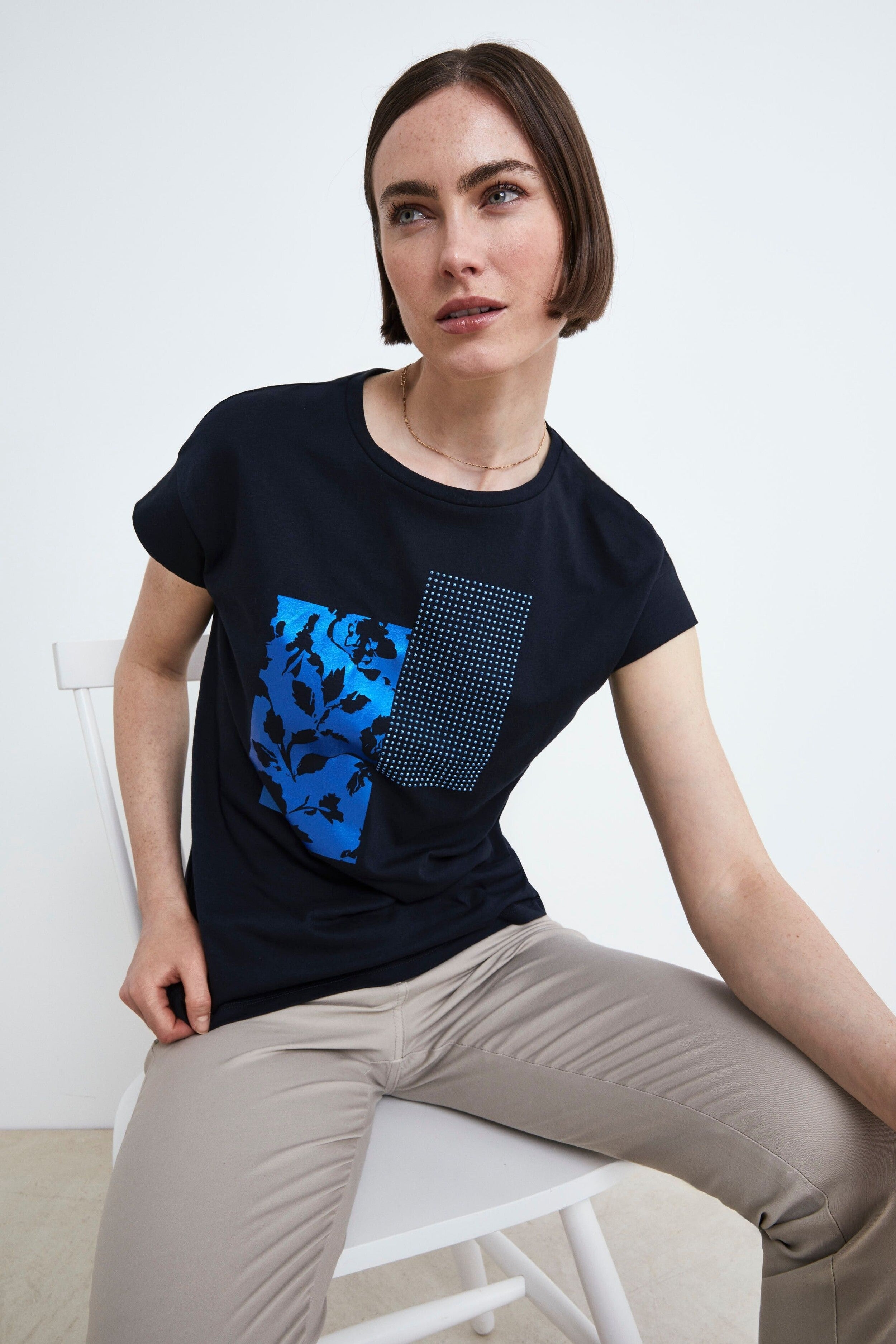 T-Shirt mit Rundhalsausschnitt und Muster - BLAU