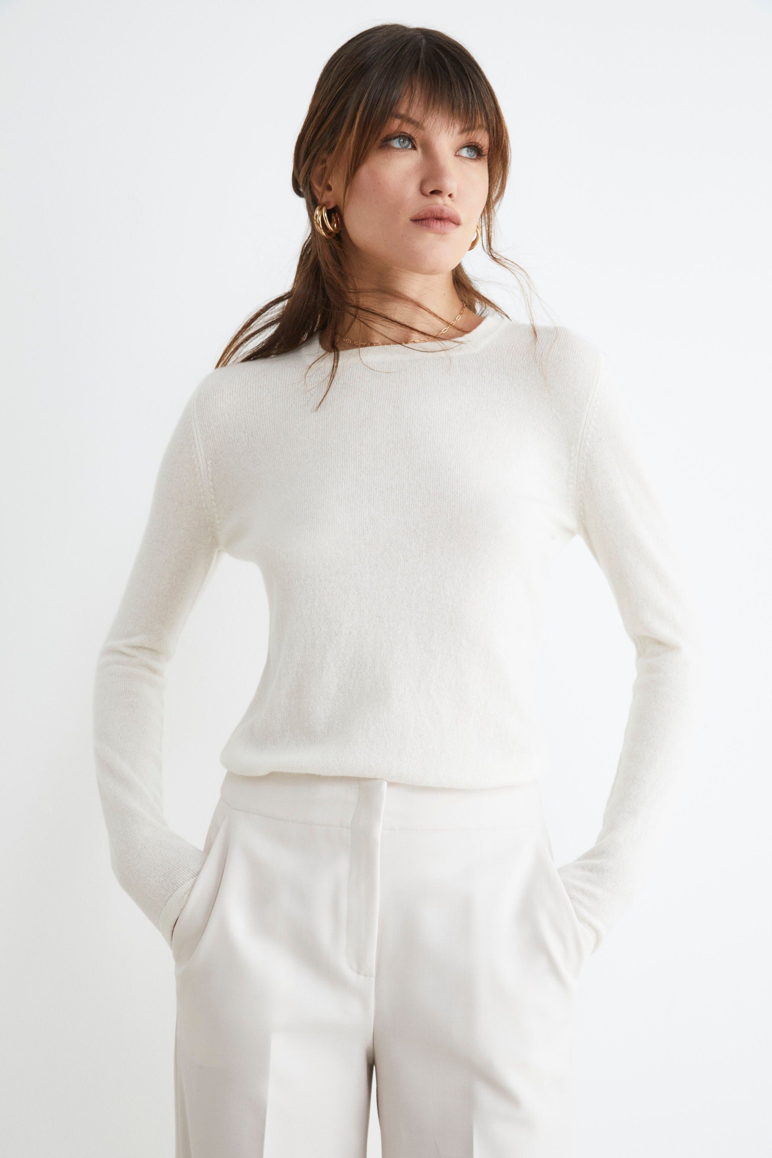 Crew-neck sweater with square neckline - CREAM