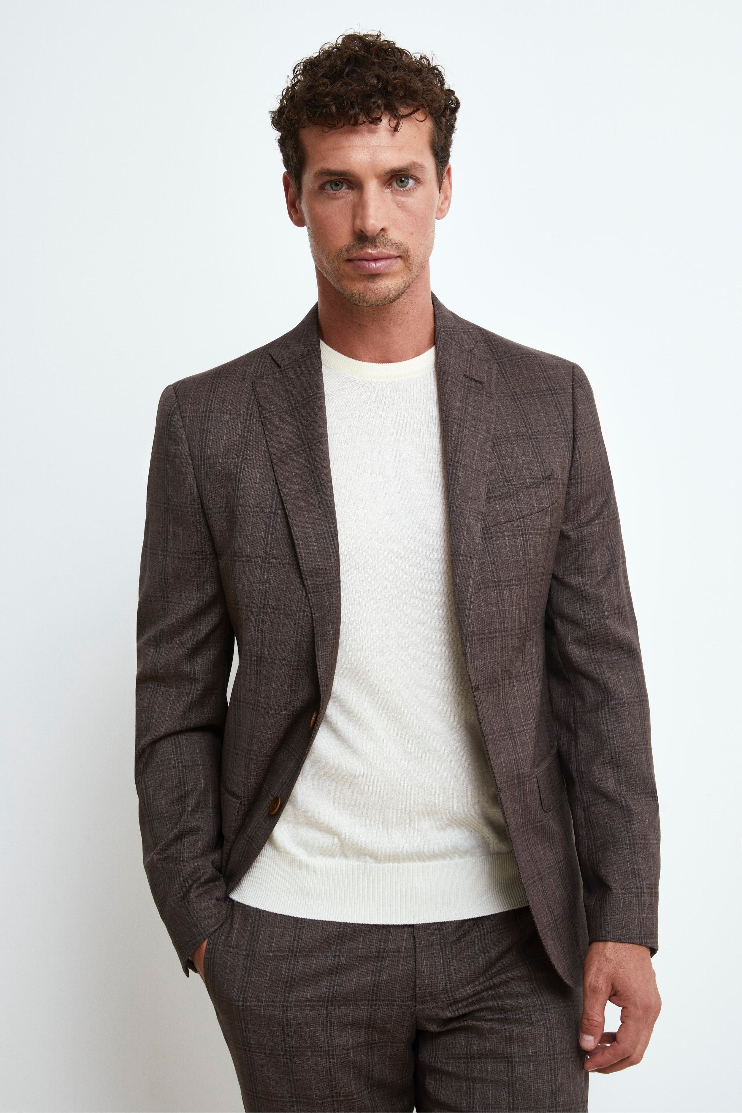 Single-Breasted Check Wool Suit - Brown check