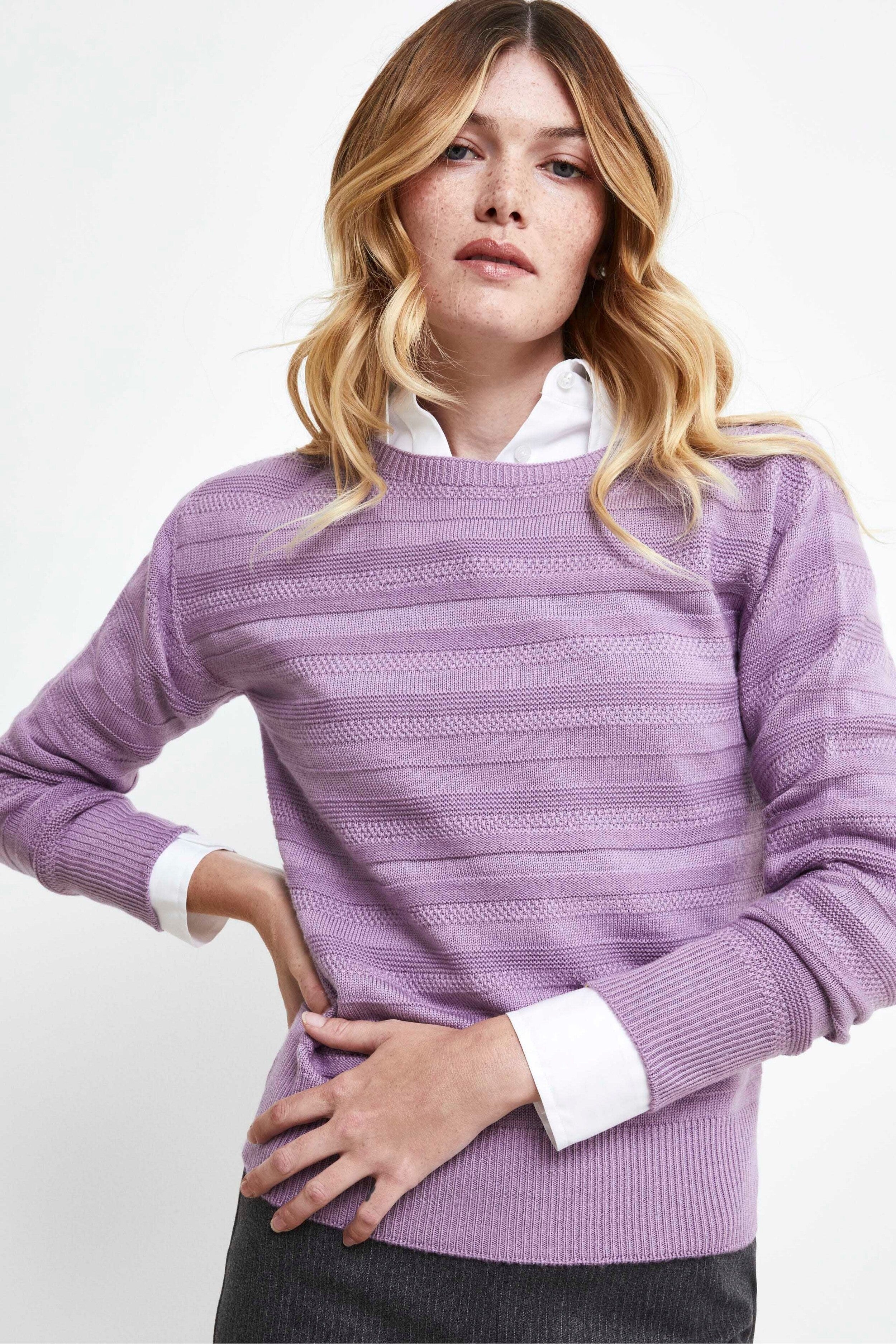 Strukturierter Rundhals Wollpullover - Lavendel