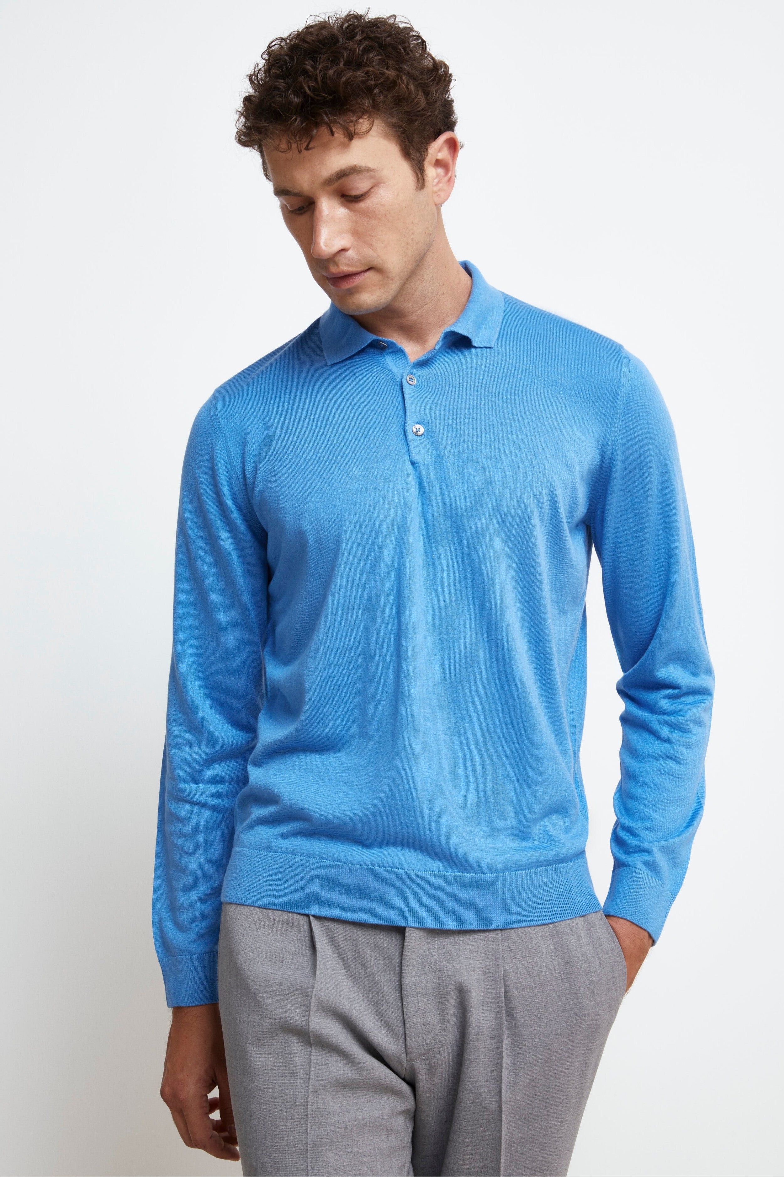 Buttoned Polo Shirt in Silk and Cashmere - Hydrangea