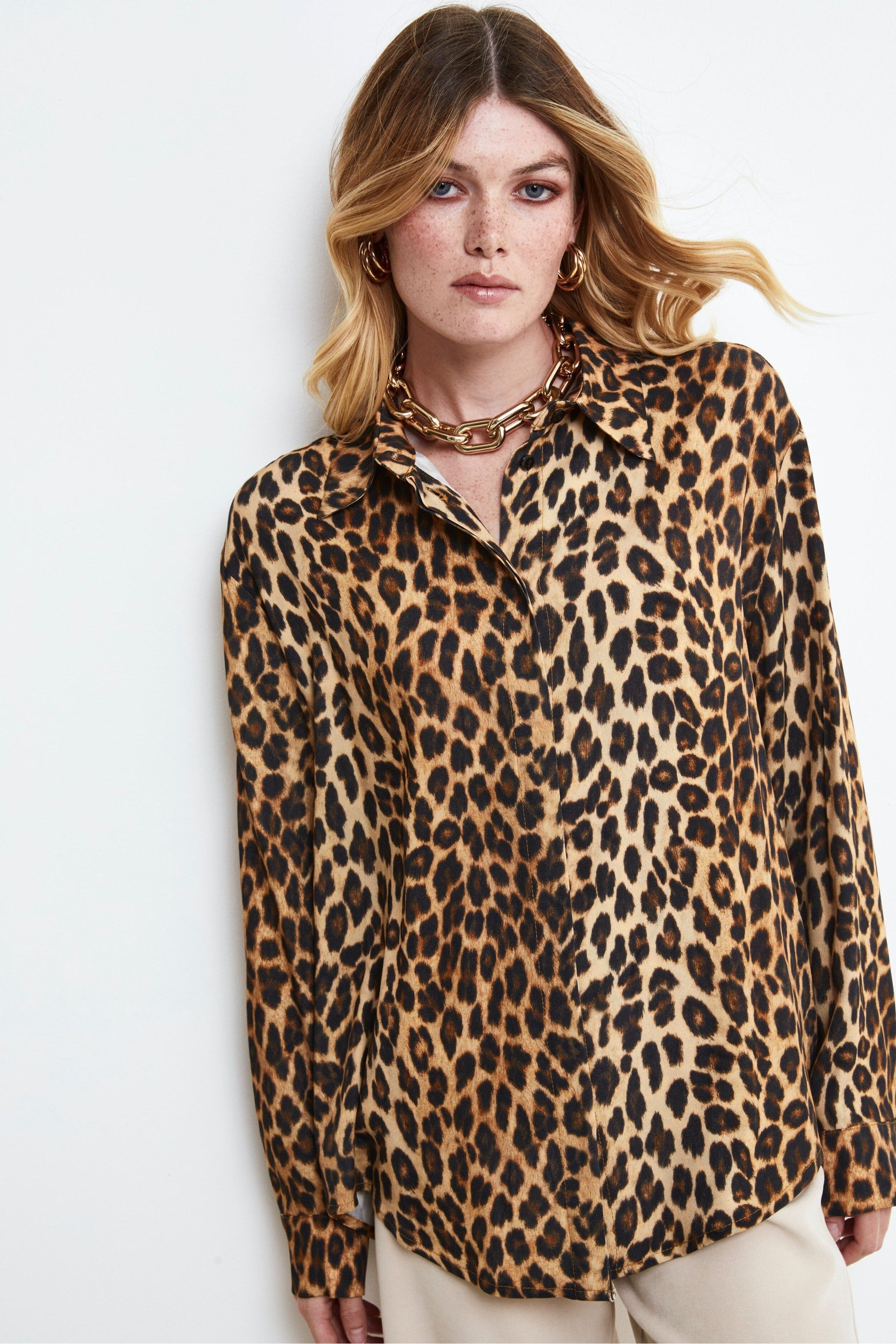 Oversized Leopard Print Shirt - Beige pattern