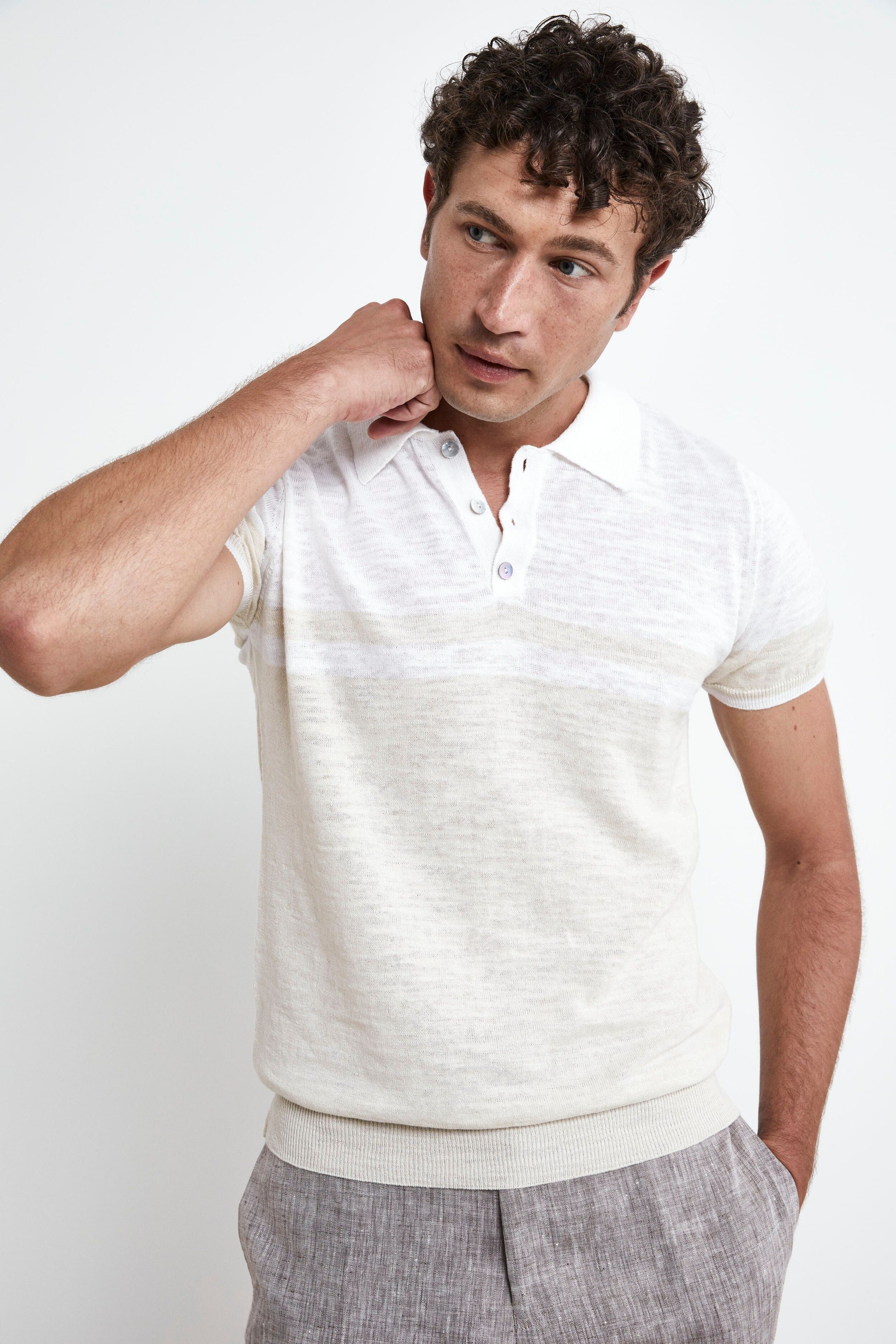 Knitted patterned polo shirt - NATURAL/MILK