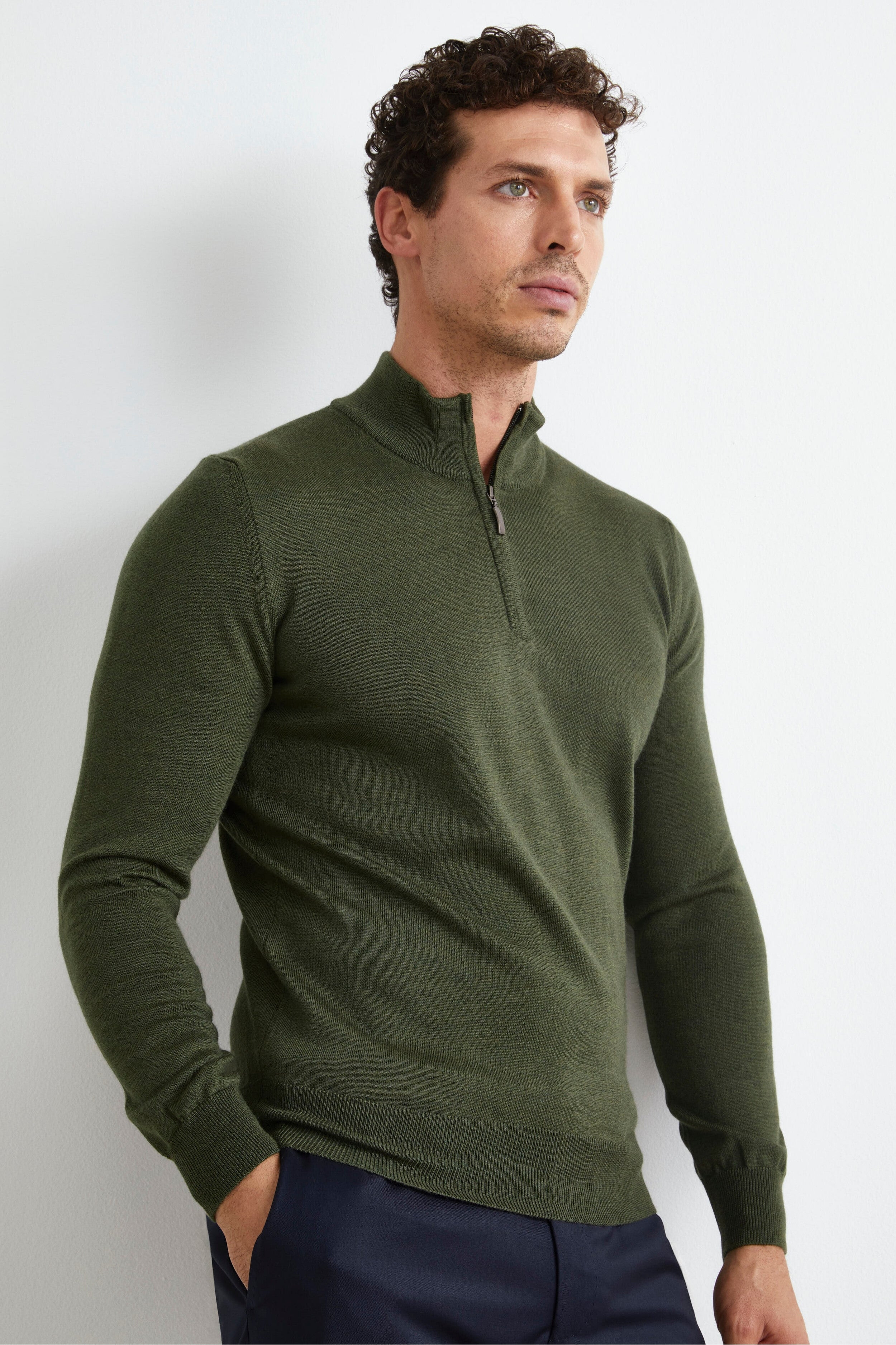 Turtleneck with Zip in Merino Wool - Military green