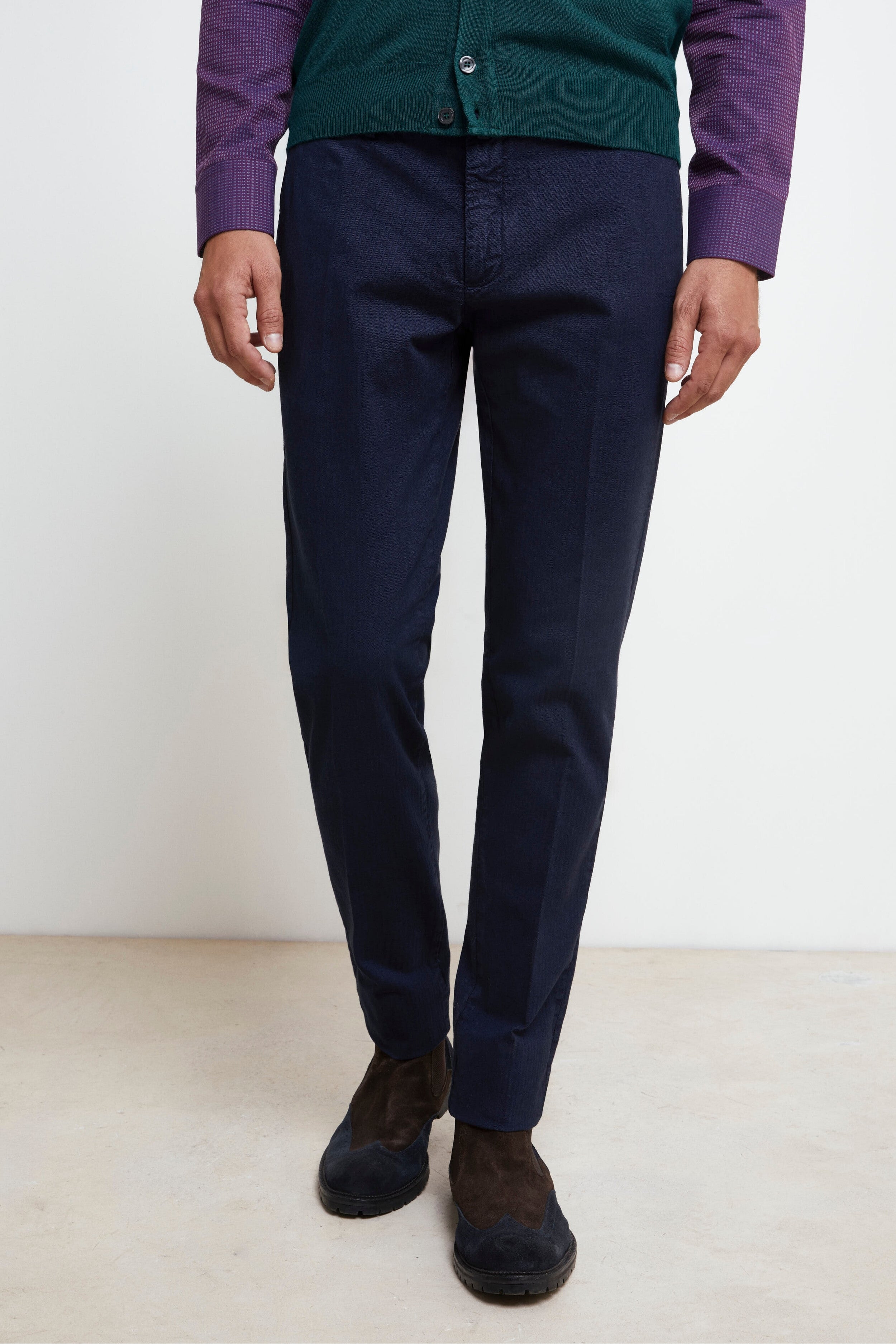 Slim Fit Cotton Pants - Blue herringbone