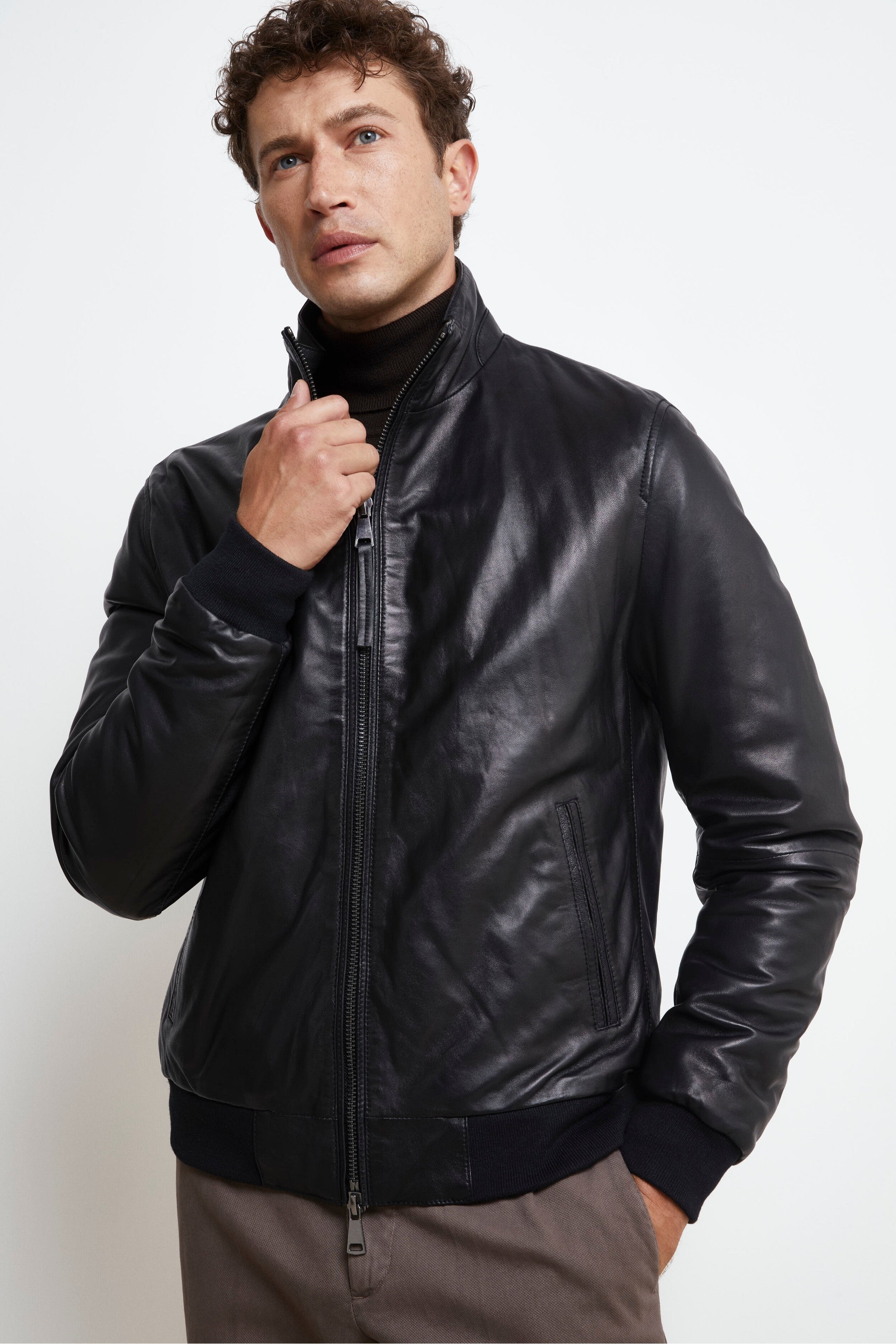 Blouson en cuir avec zip - NOIR