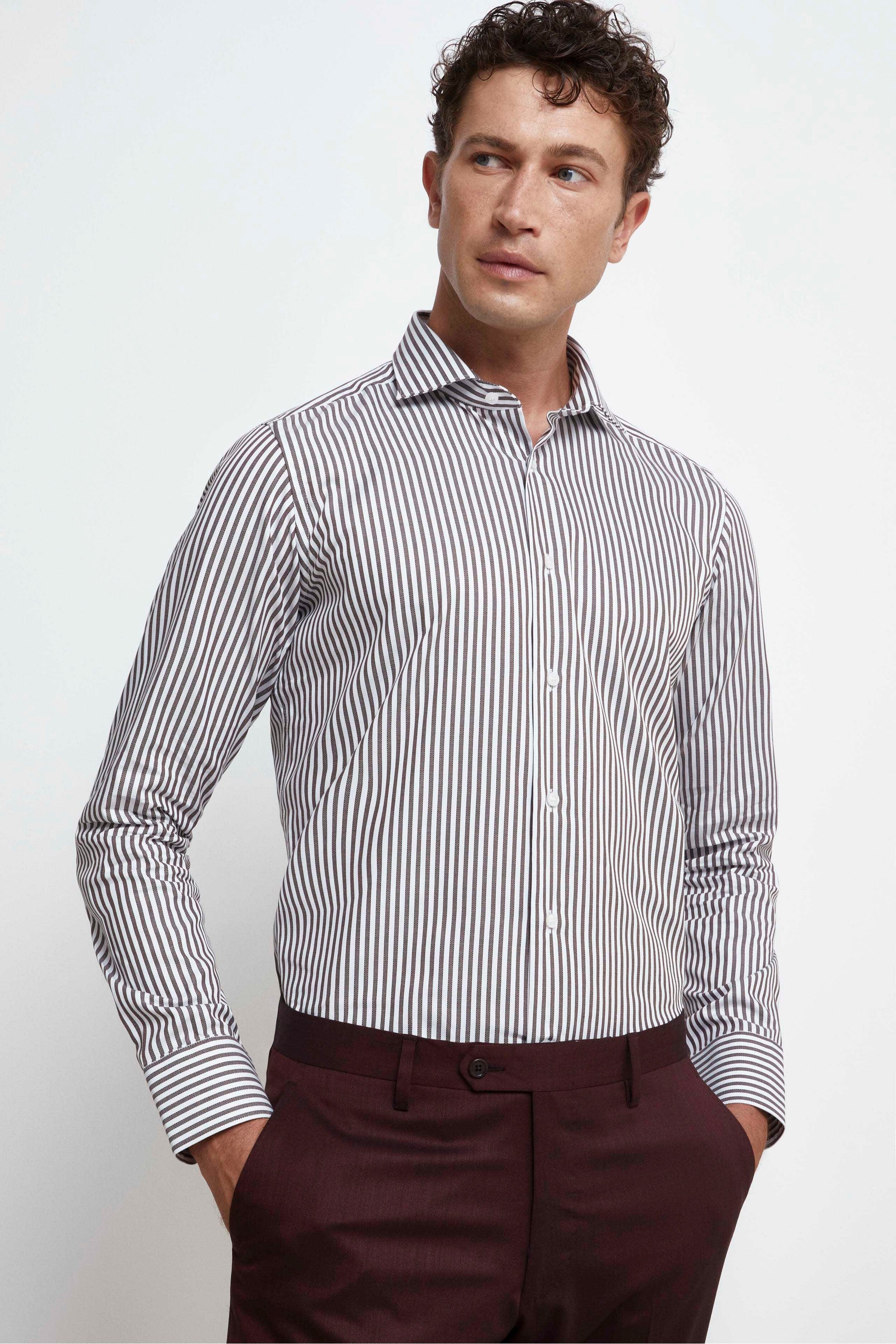 Slim Fit Striped Shirt with French Collar - Brown stripe