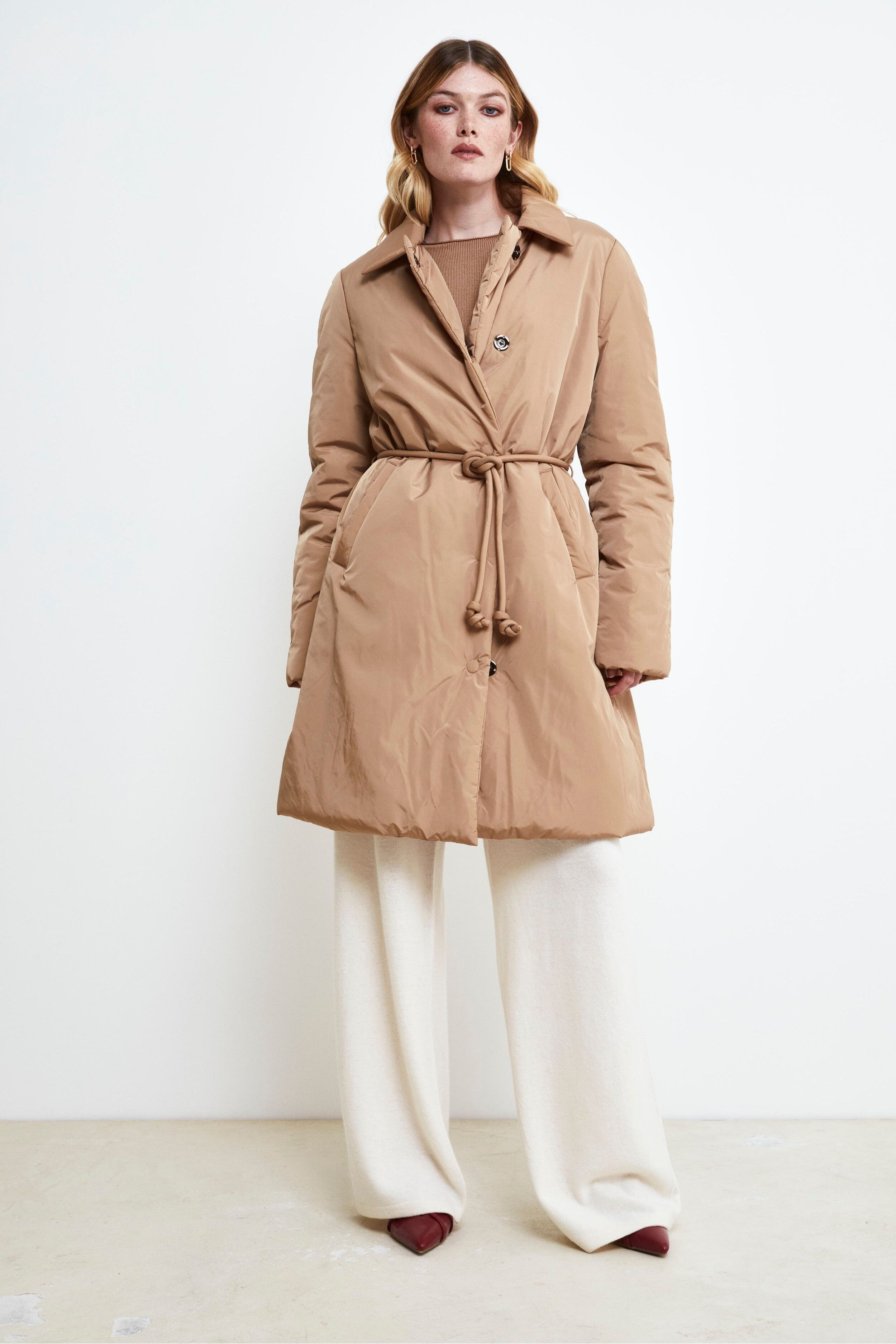 Midi Down Jacket with Belt - BEIGE