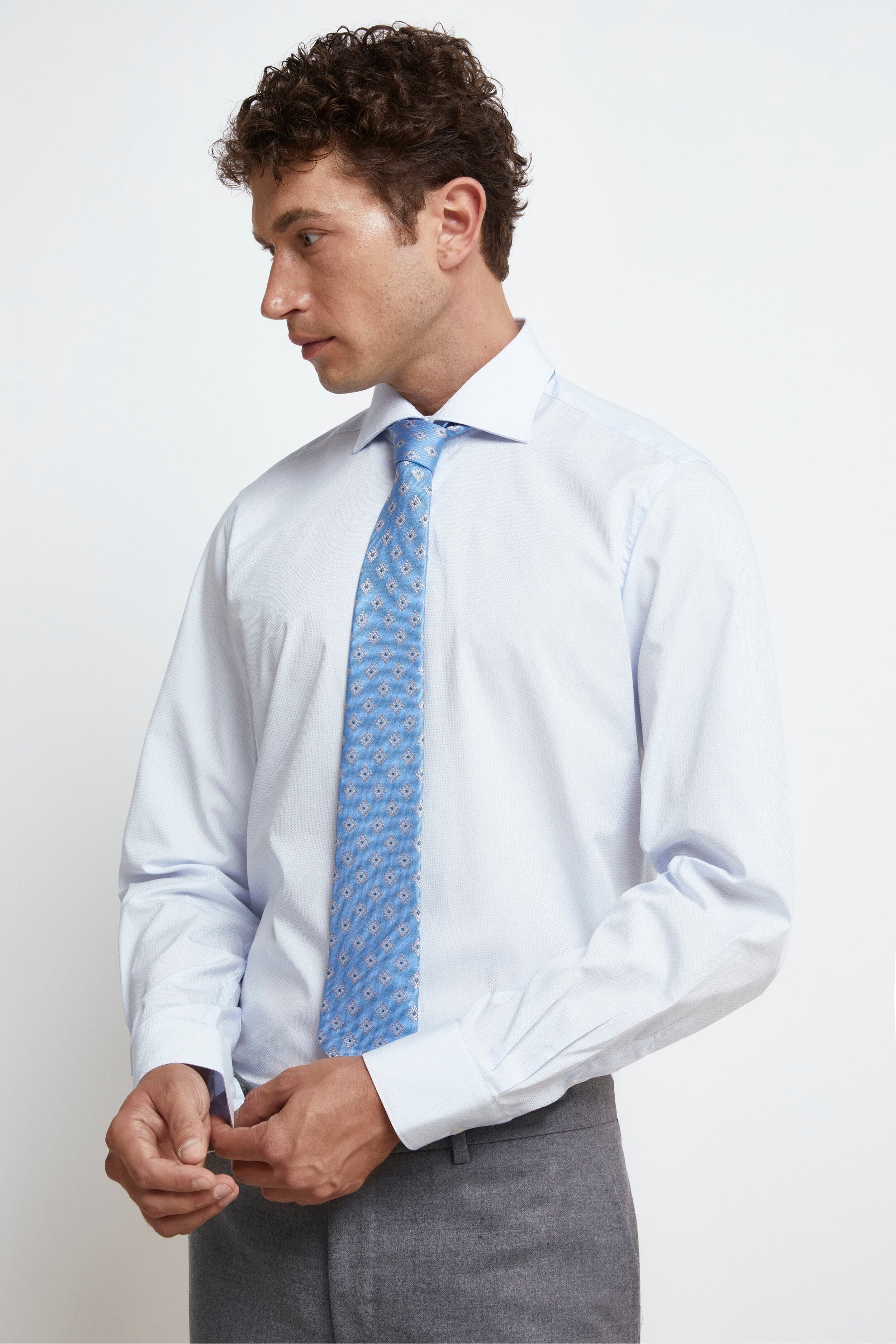 Regular Fit Micro-Pattern Shirt - White-Light blue pattern