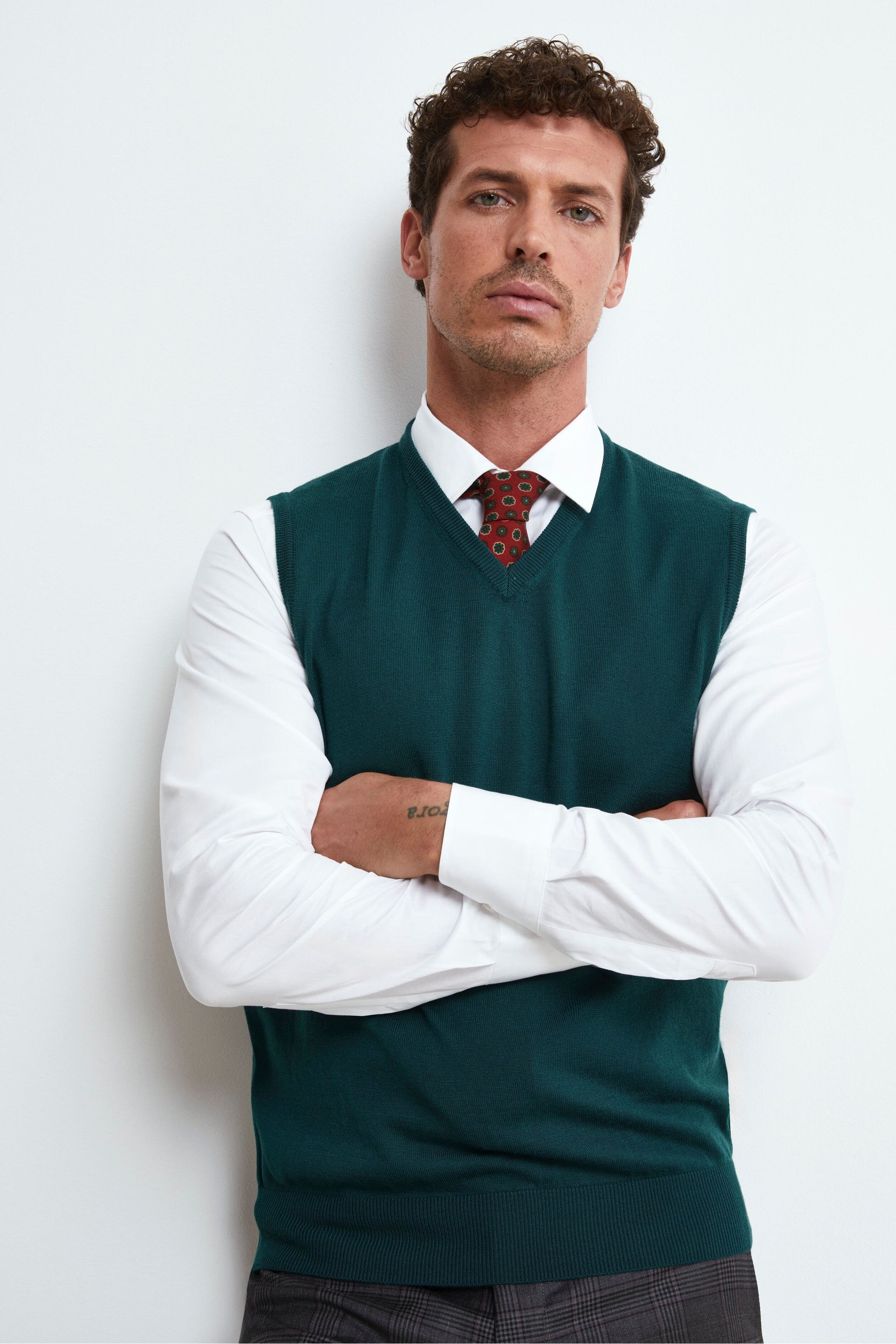 V-Neck Merino Wool Vest - Dark green