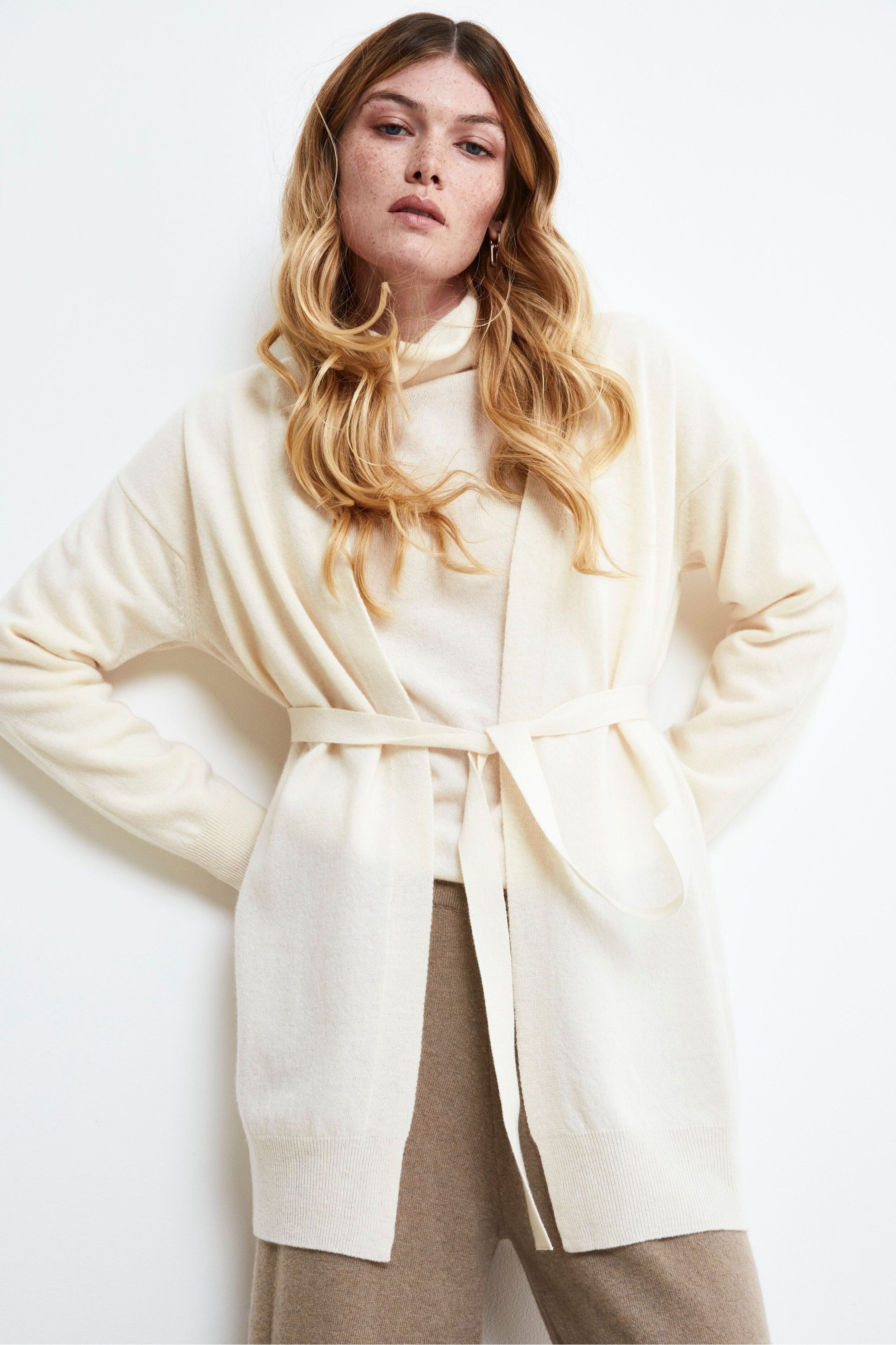 Cashmere Wool Belted Cardigan - Cream white