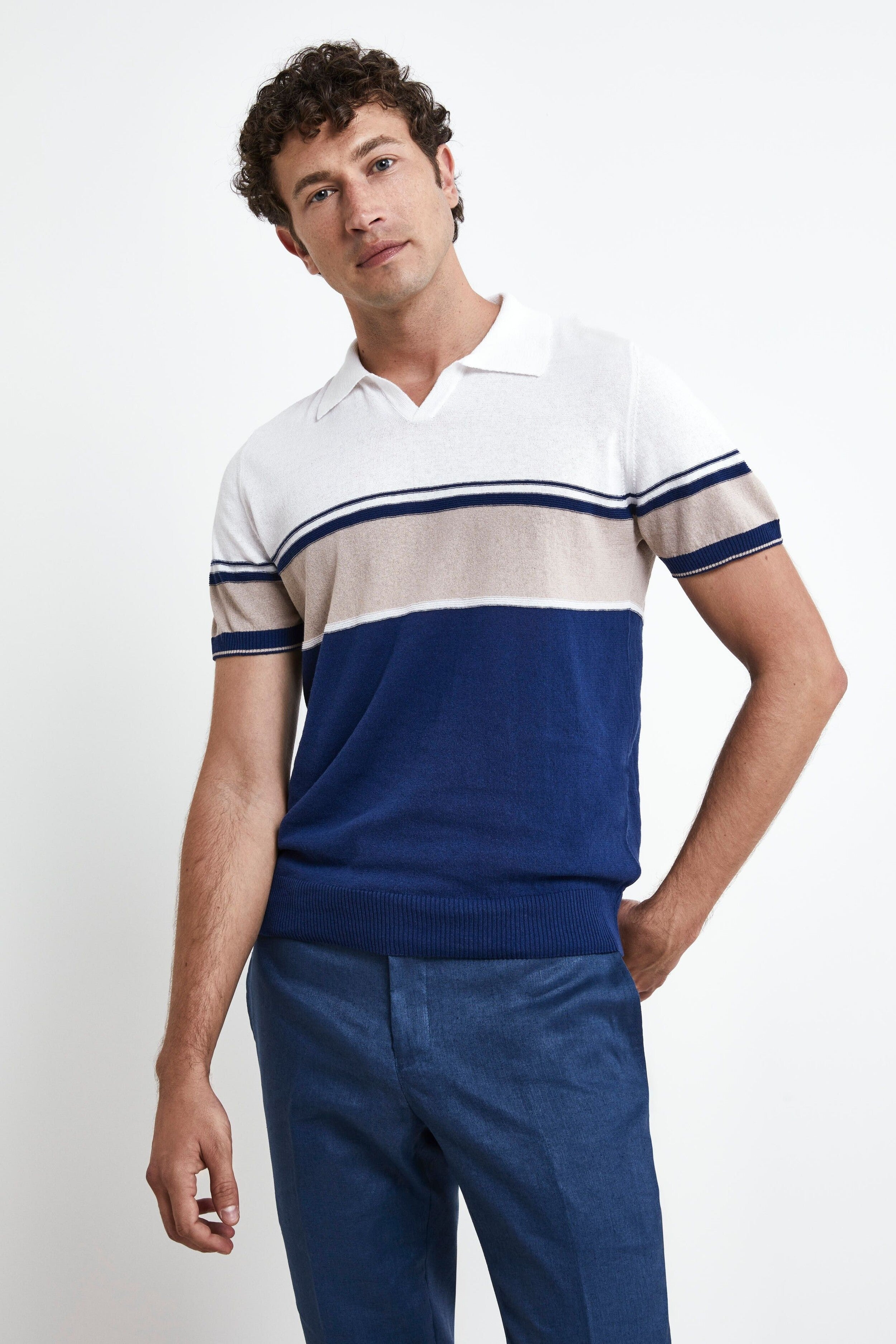 Polo en tricot rayé - BLEU/LAIT