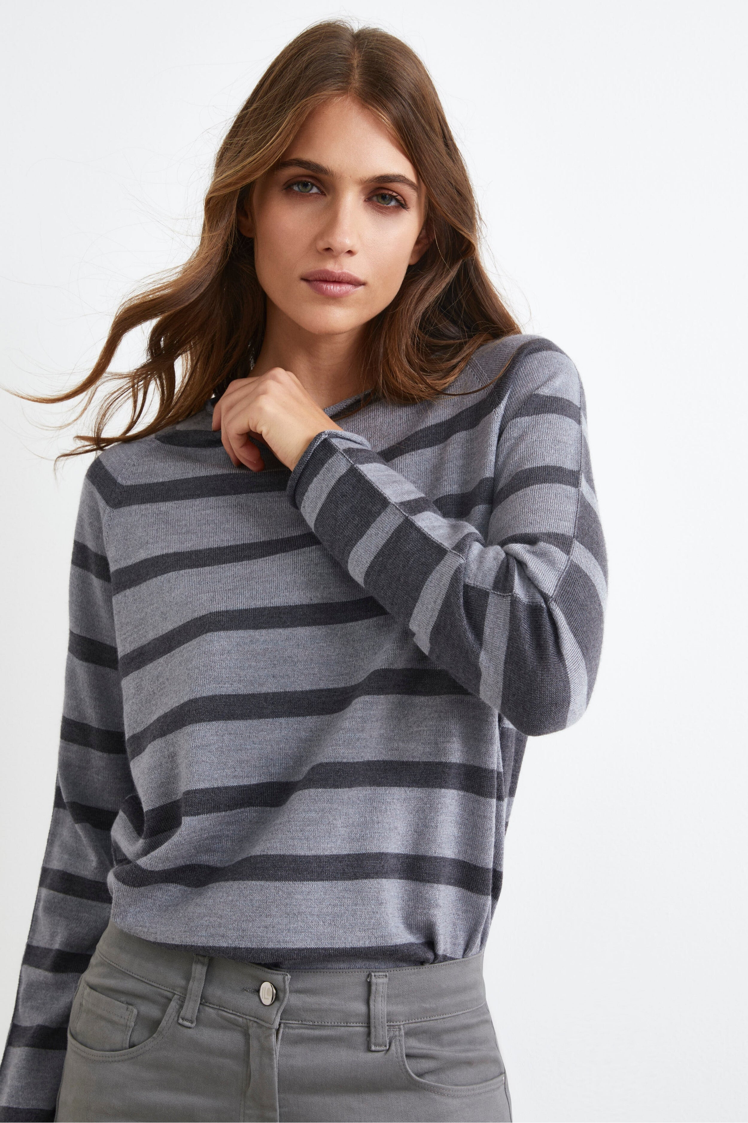 Oversized Striped Sweater in Merino Wool - Grey stripe