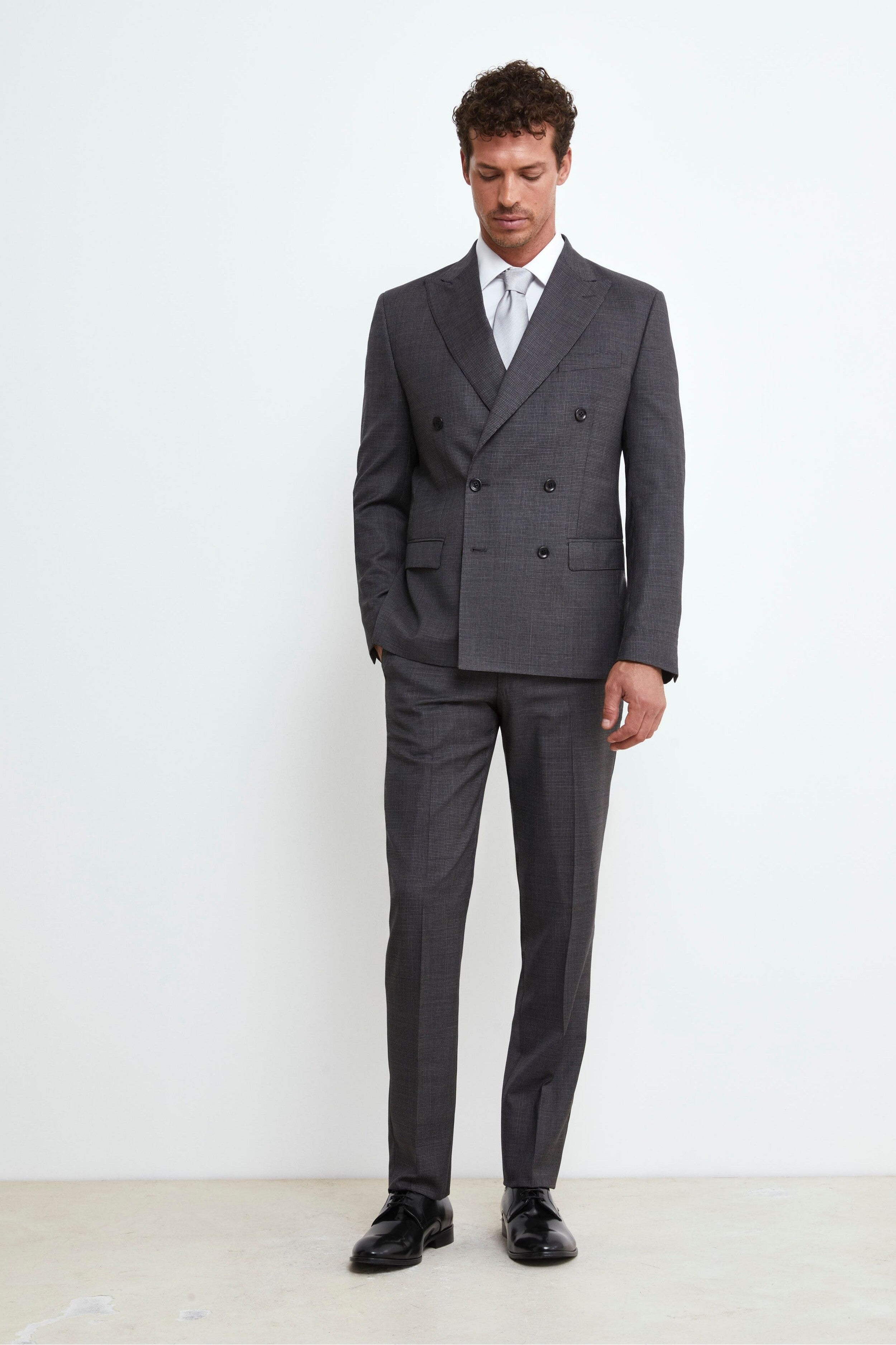 Slim Fit Double-Breasted Wool Suit - Charcoal grey check