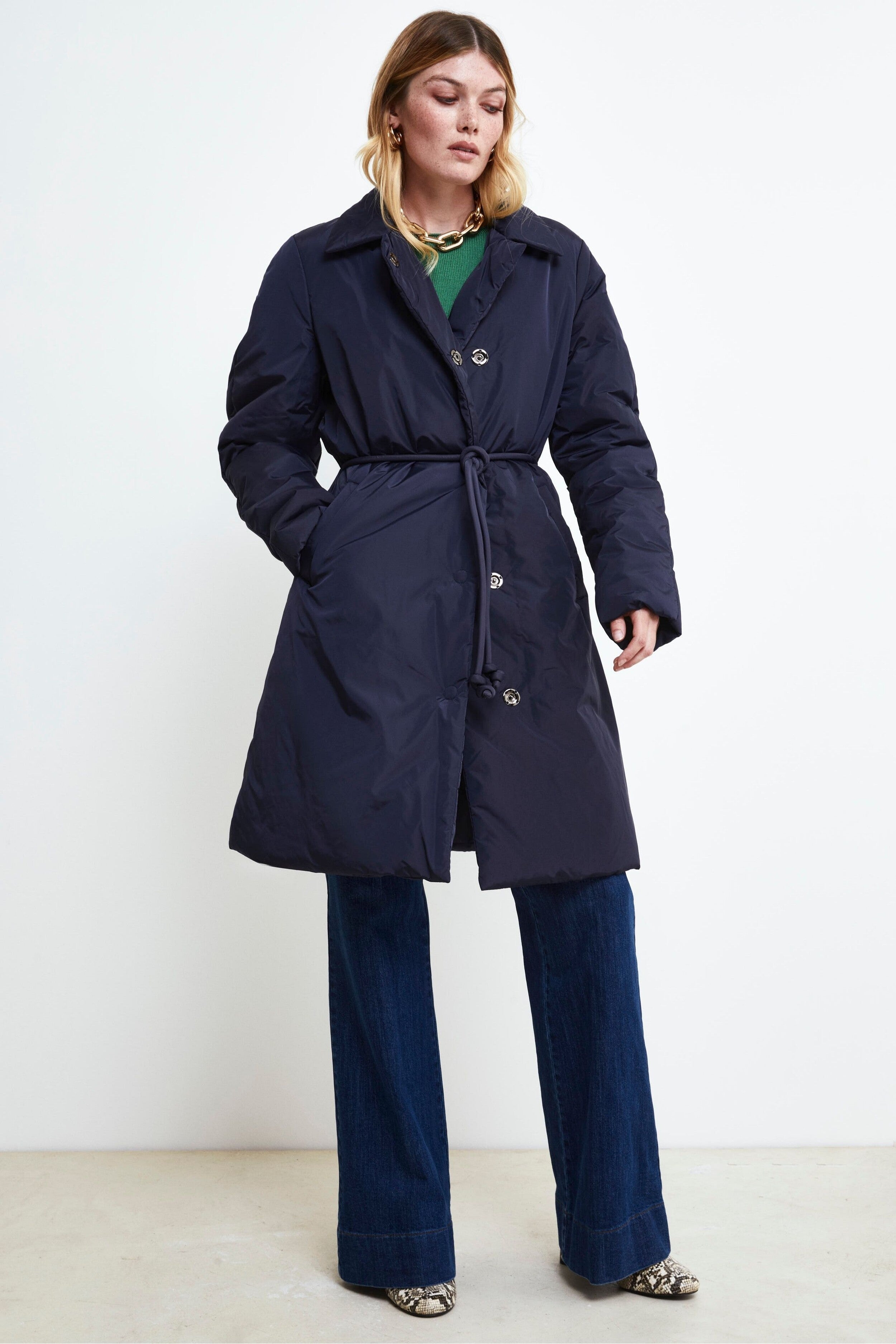 Midi Down Jacket with Belt - Navy blue