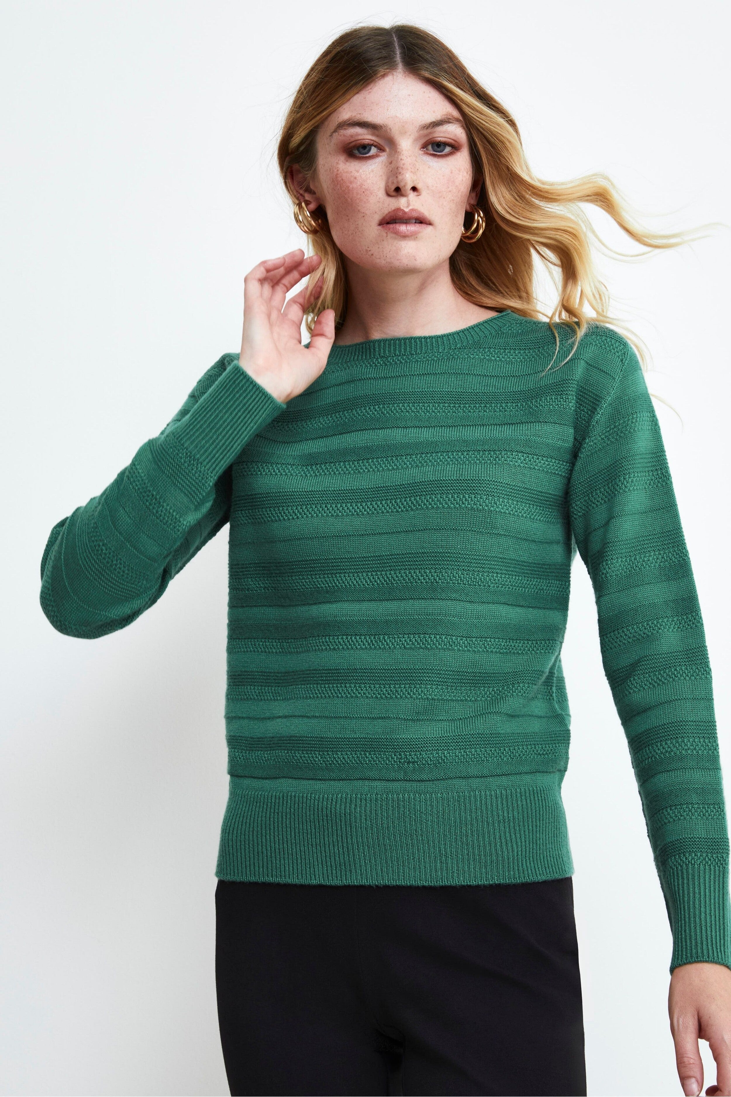 Pull Col Rond en Laine Texturée - Vert foncé