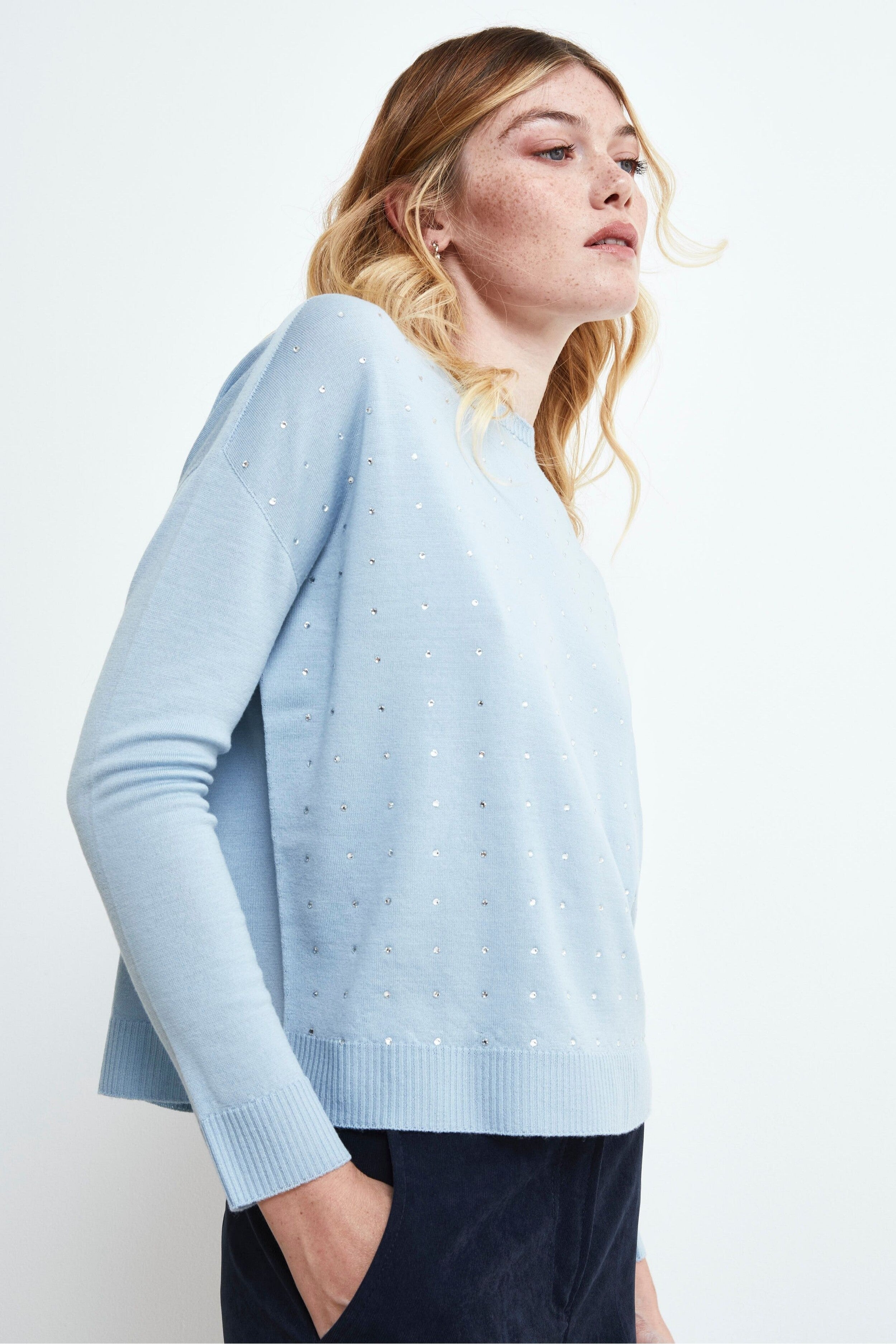 Strass Merinowollpullover - Hellblau