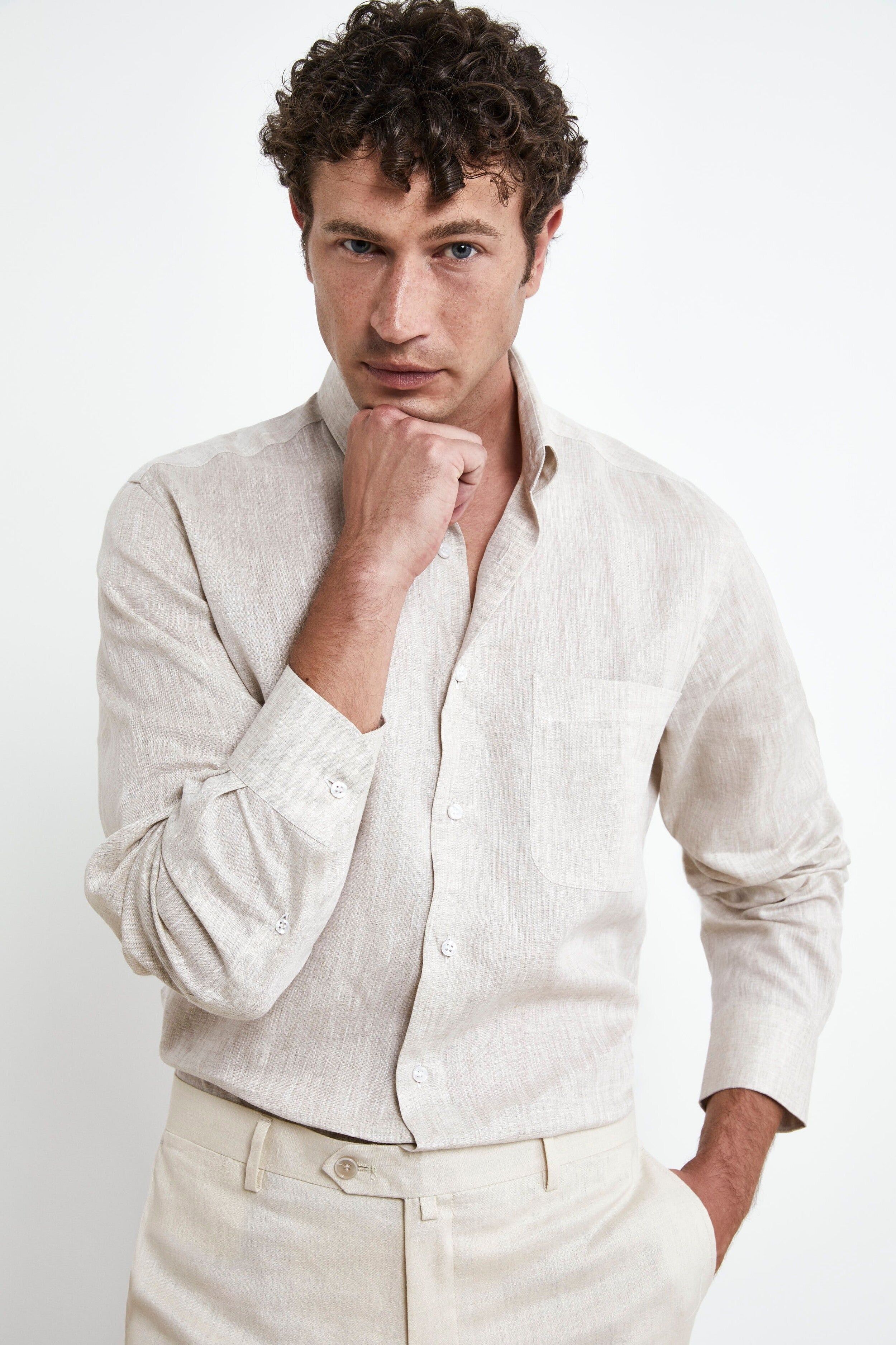 Regular Fit Linen Shirt - BEIGE