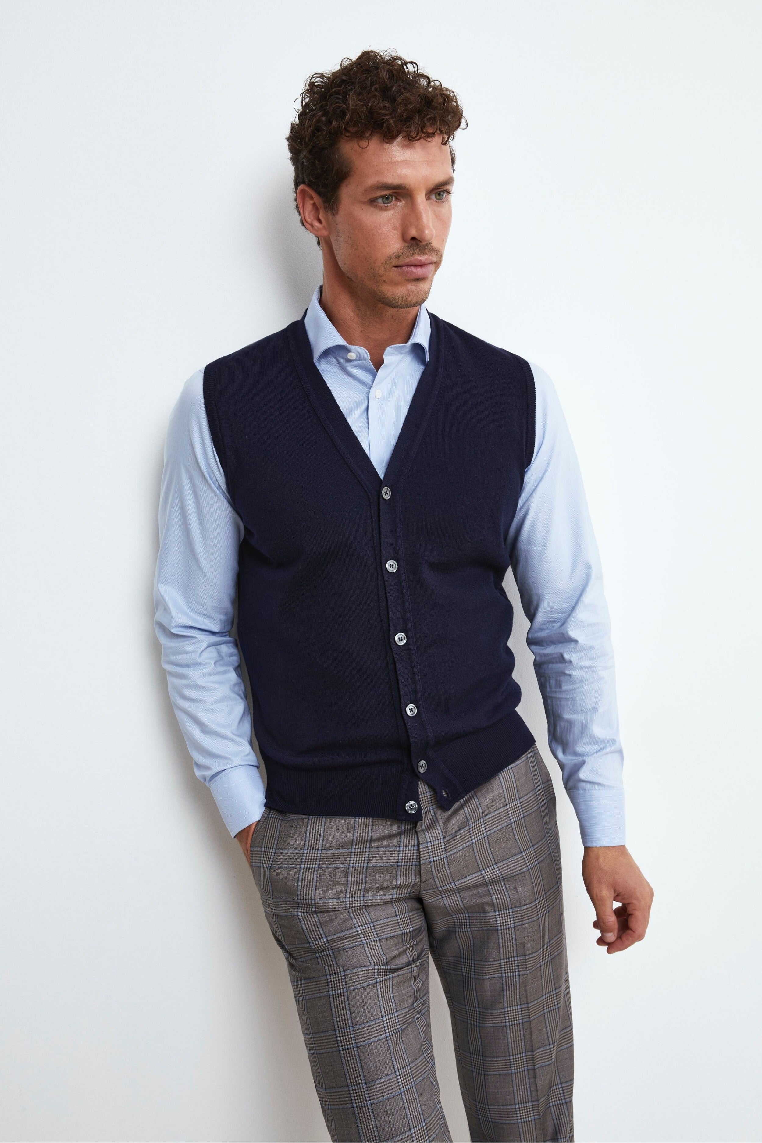 Buttoned Merino Wool Vest - BLUE