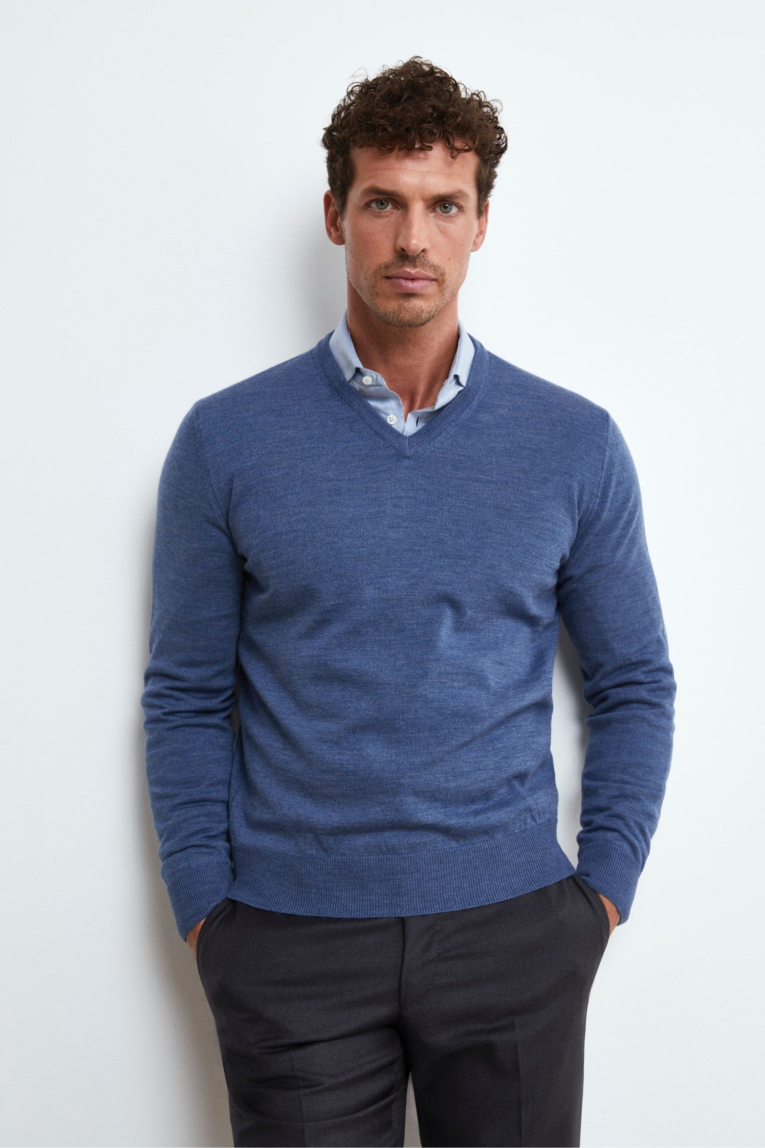 V-Neck Merino Wool Sweater - DENIM