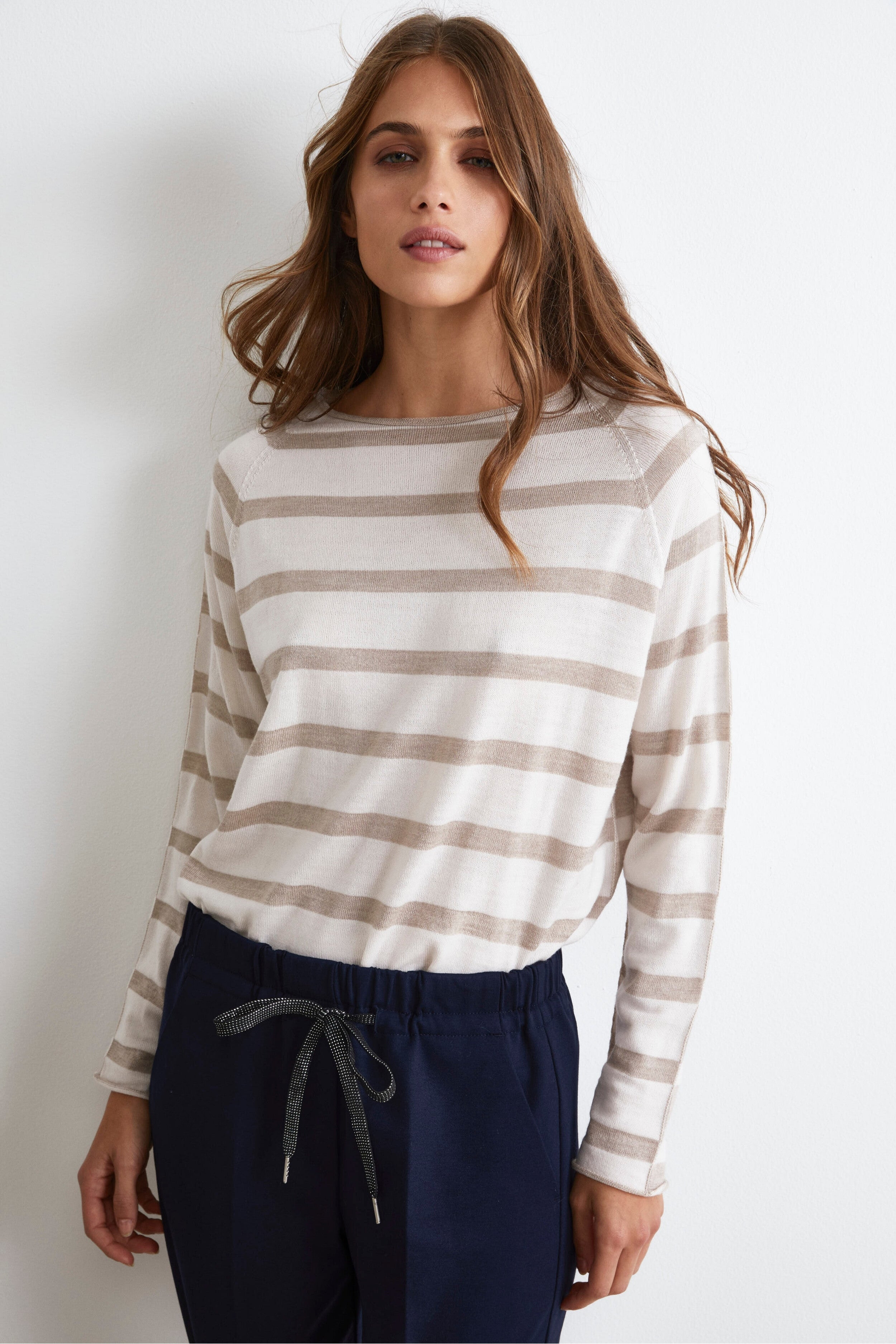 Oversized Striped Sweater in Merino Wool - Beige stripe