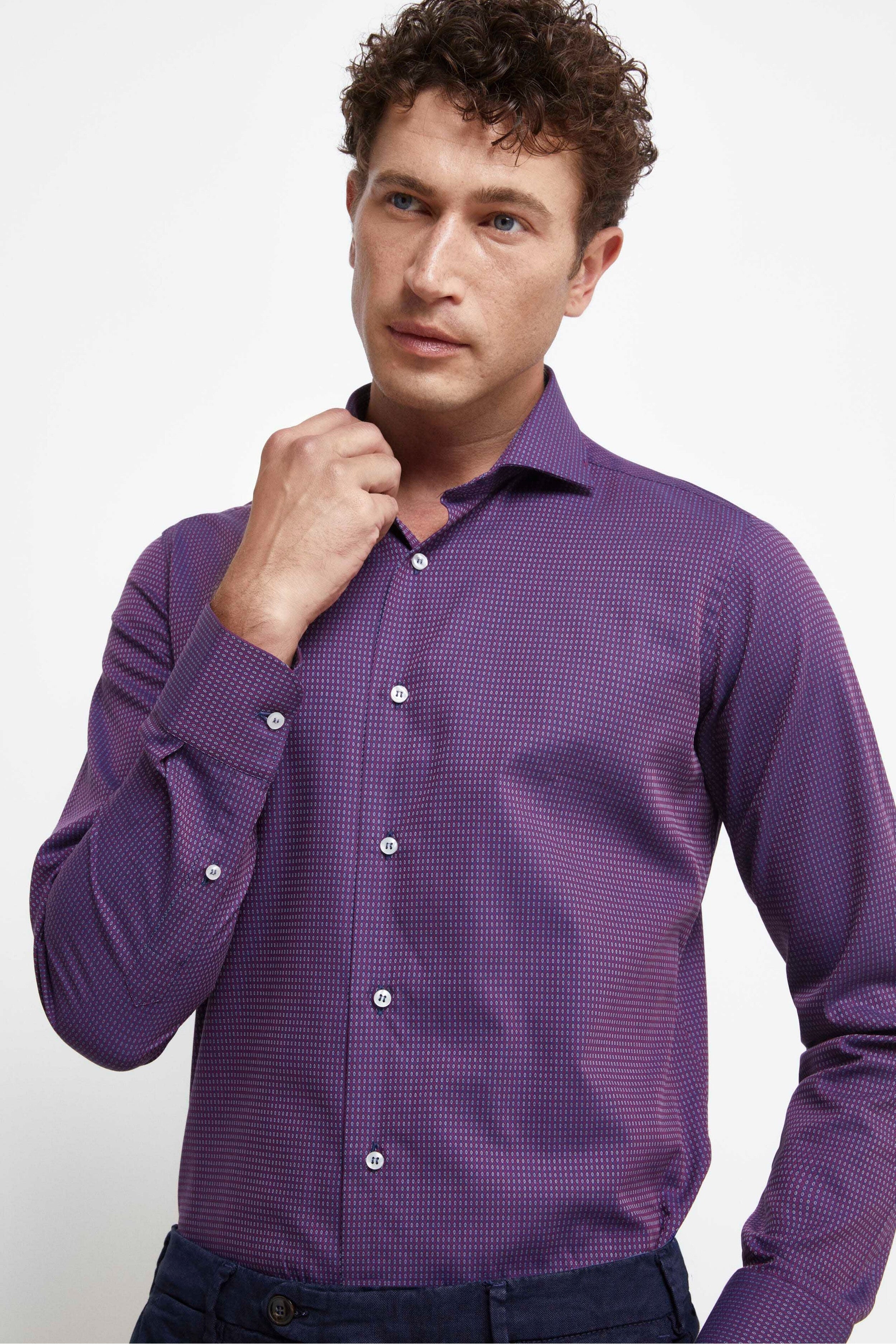 Slim Fit Shirt with French Collar - Blue-Burgundy pattern