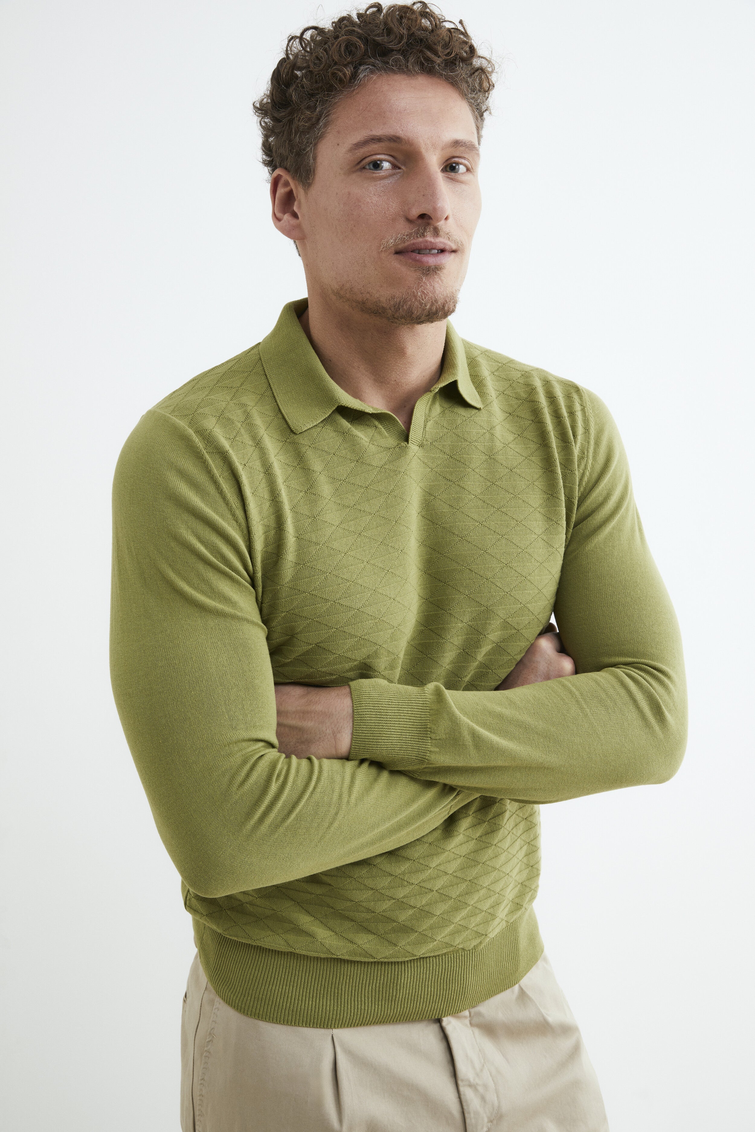 Cotton knit polo shirt - LICHEN