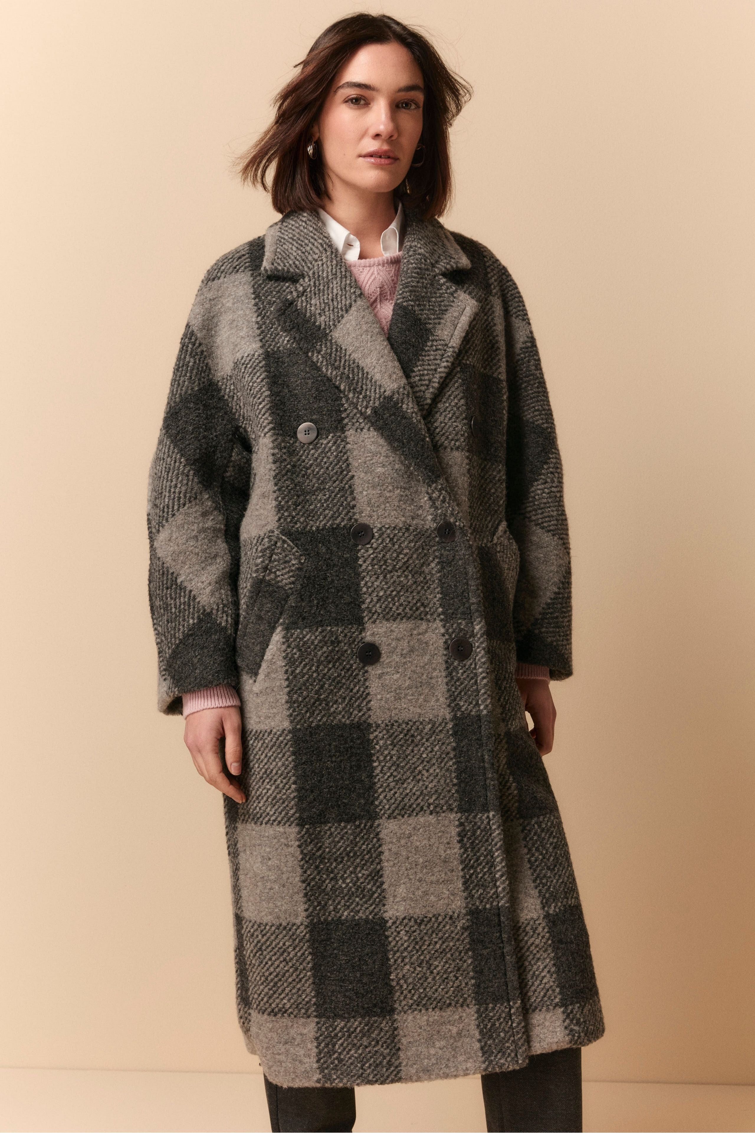 Double-Breasted Check Wool-Blend Coat - Grey check