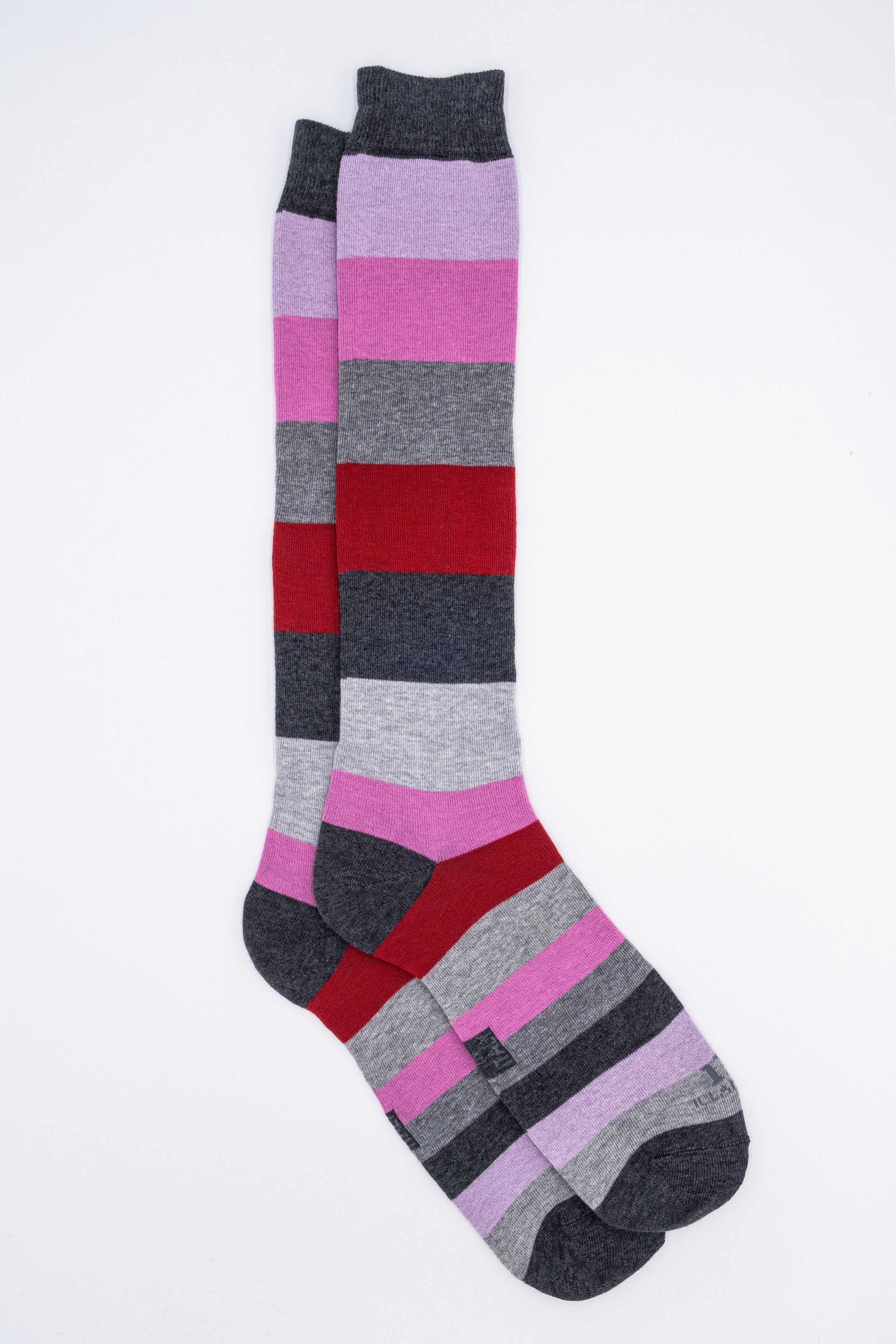 Lange Baumwollsocken - GESTREIFT GRAU/ROT