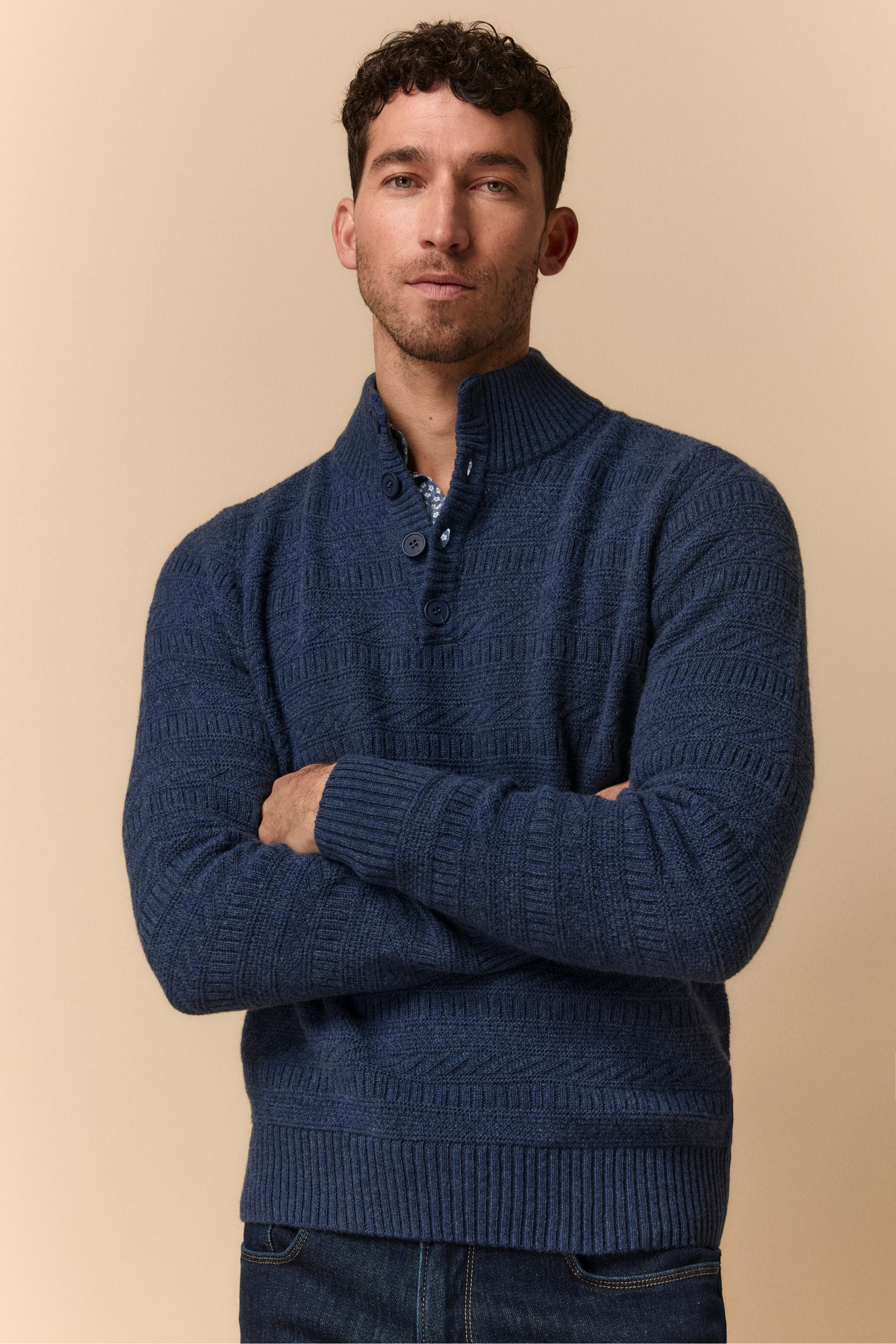 Turtleneck with Buttons in Extra Fine Merino Wool - DENIM