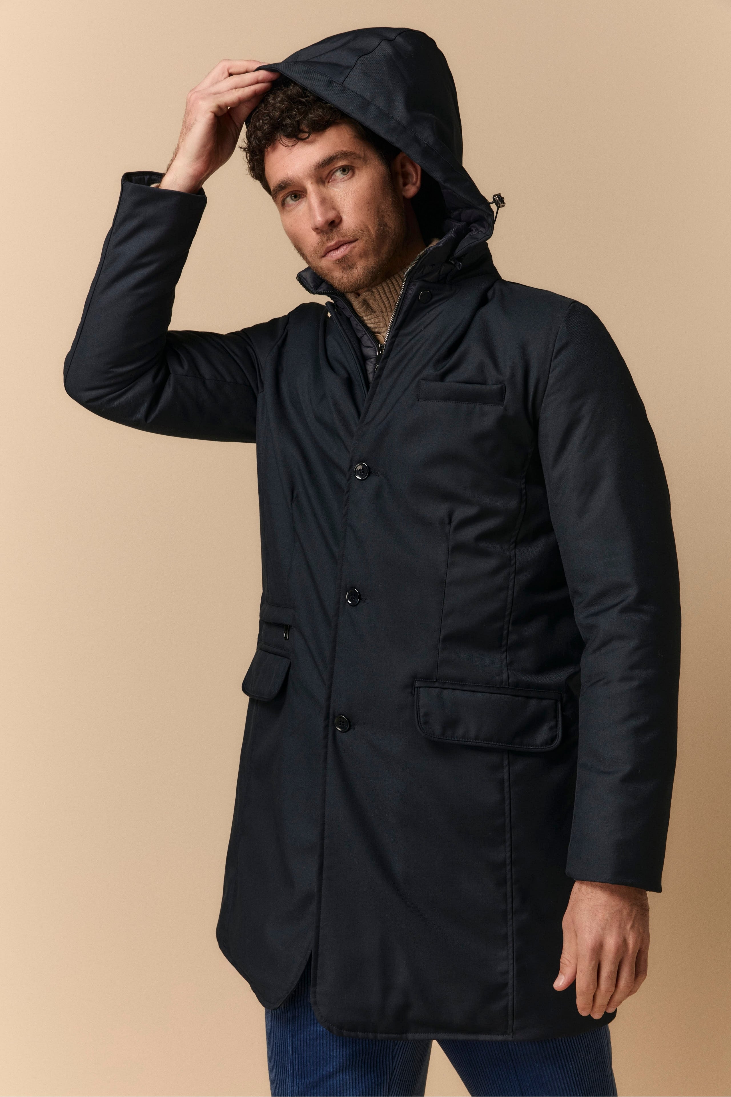 Long Jacket with Removable Hood - BLUE