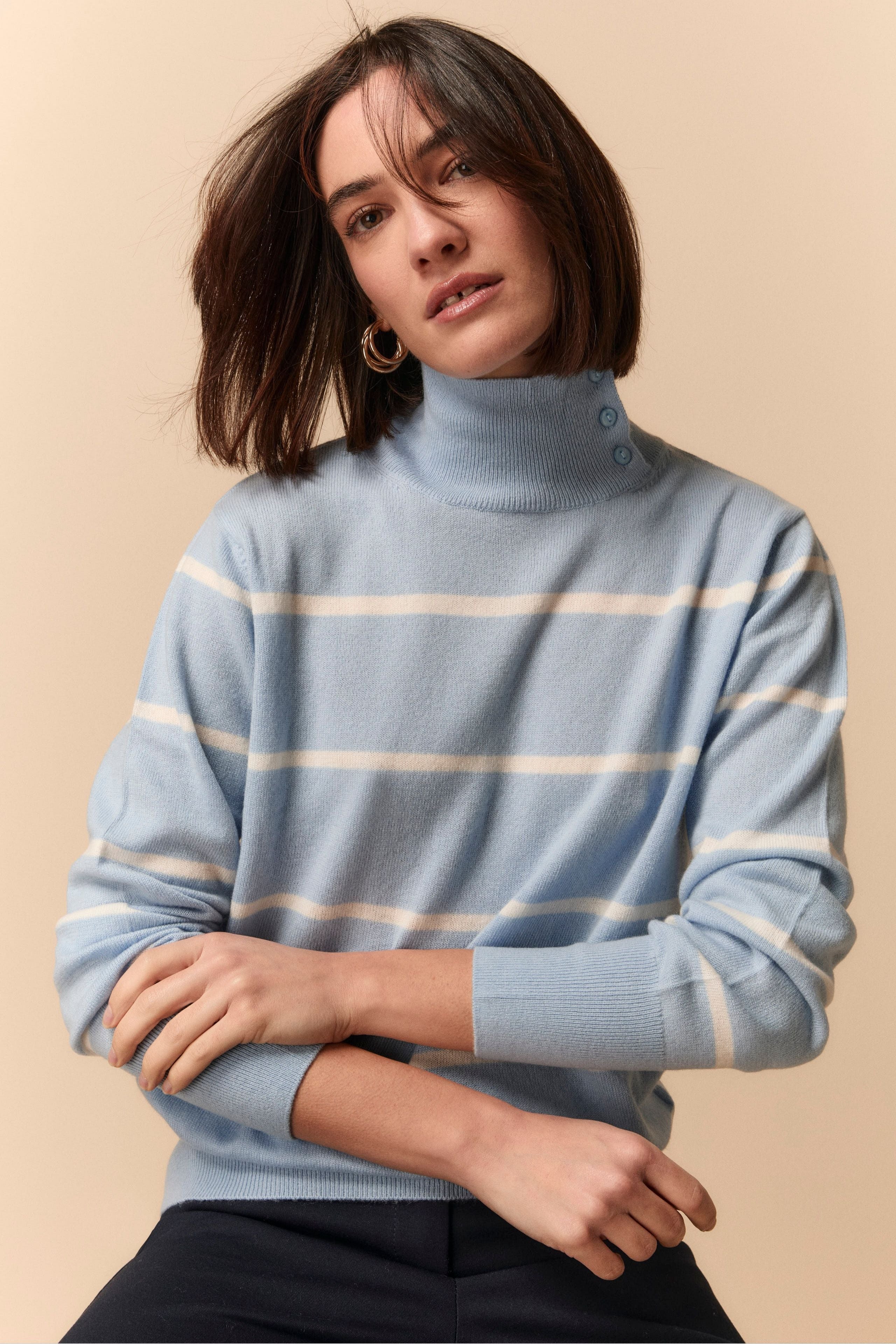 Pull Col Roulé Fantaisie en Laine et Cachemire - Rayures bleu clair