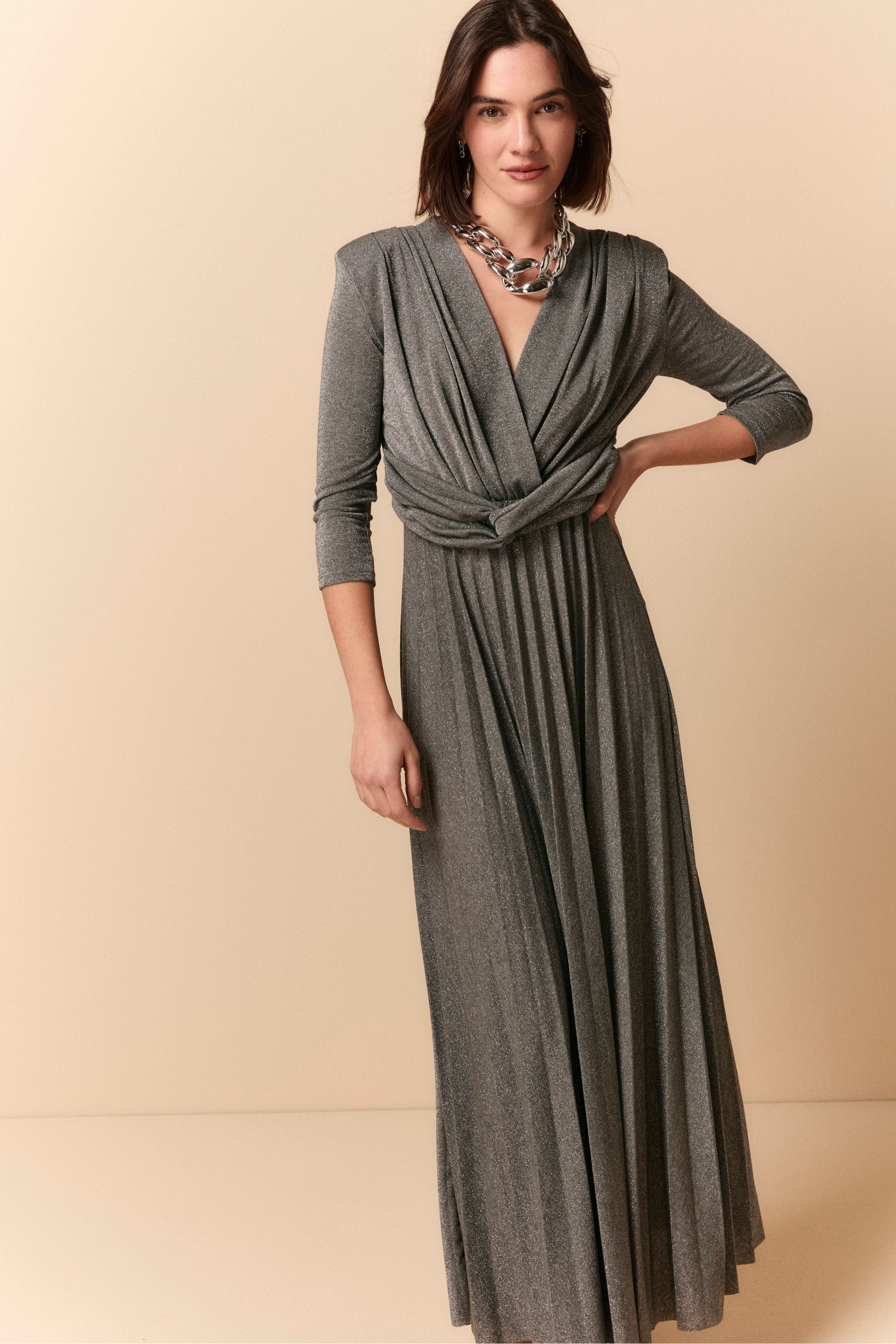 Long Pleated Lurex Dress - Charcoal grey