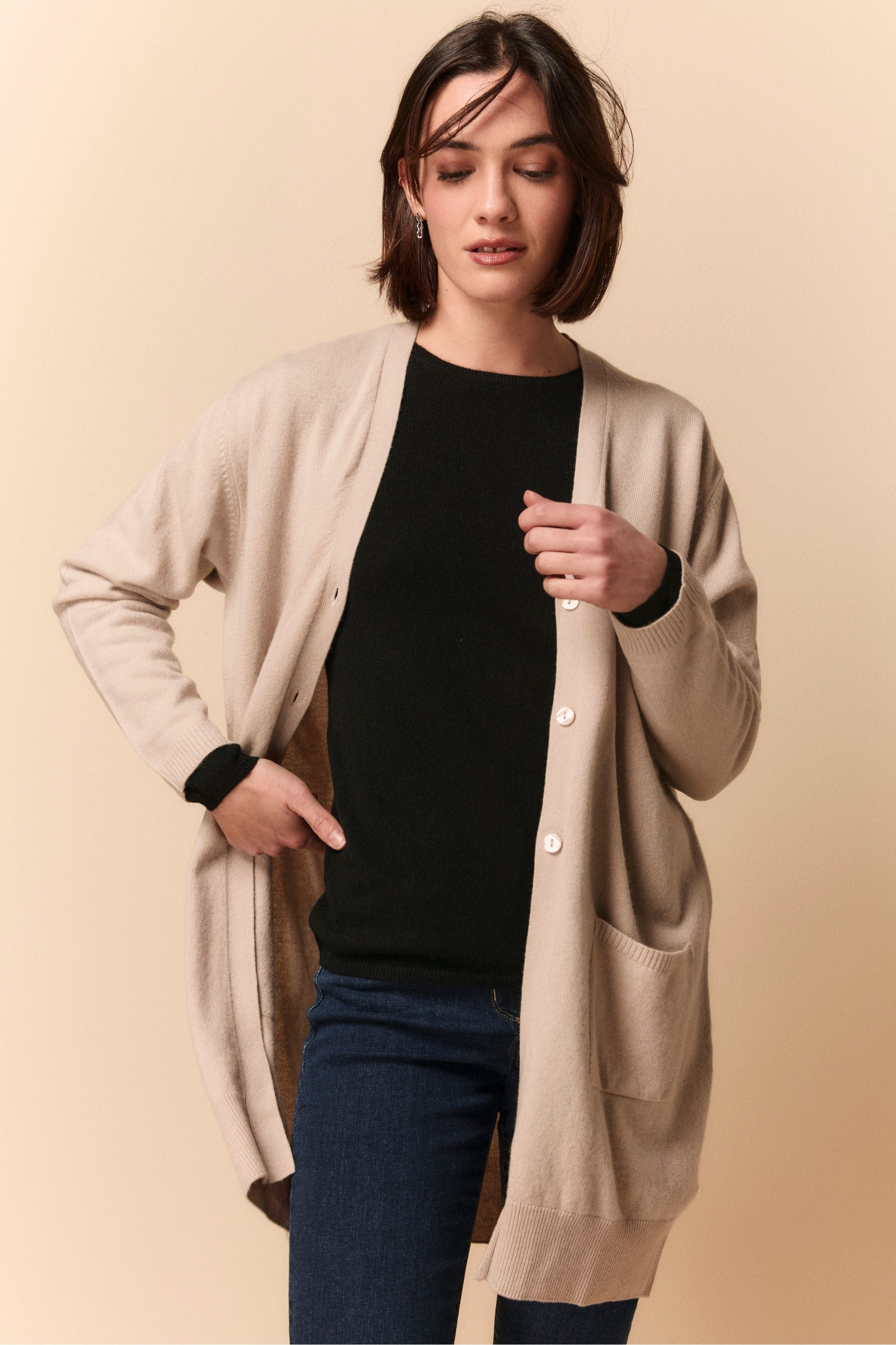 Long Cardigan avec Poches en Laine et Cachemire - Marron clair