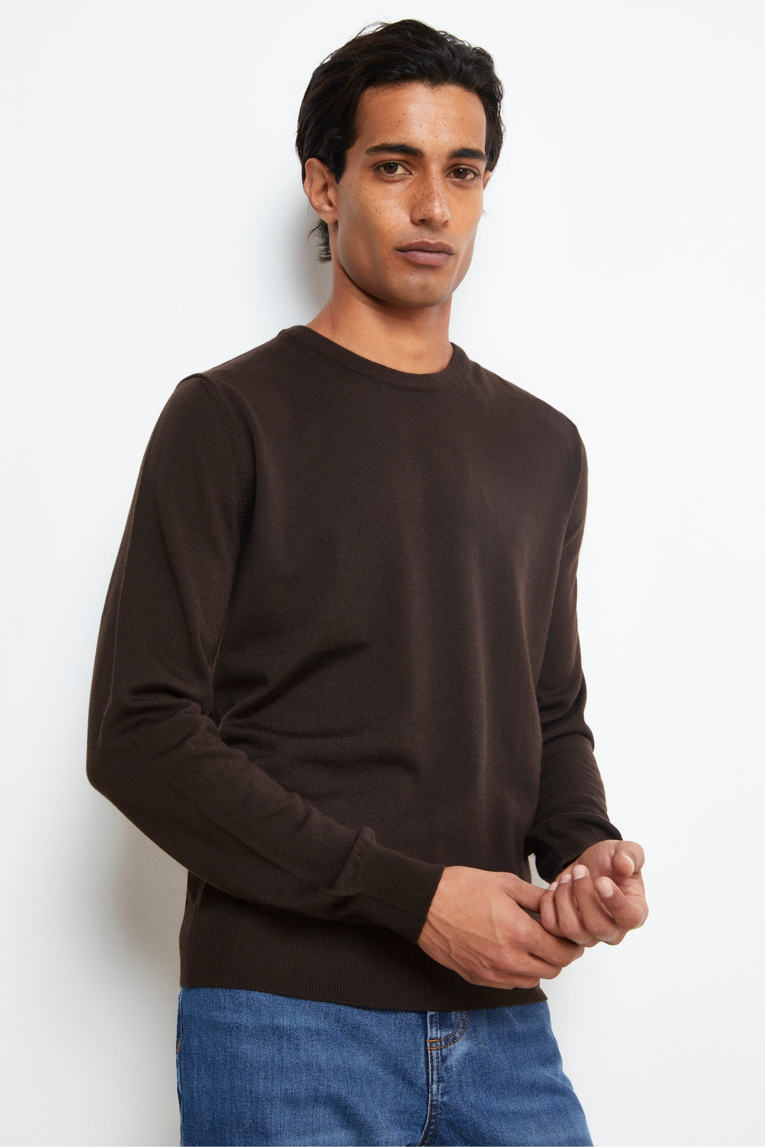 Merino Wool Crewneck Sweater - BROWN