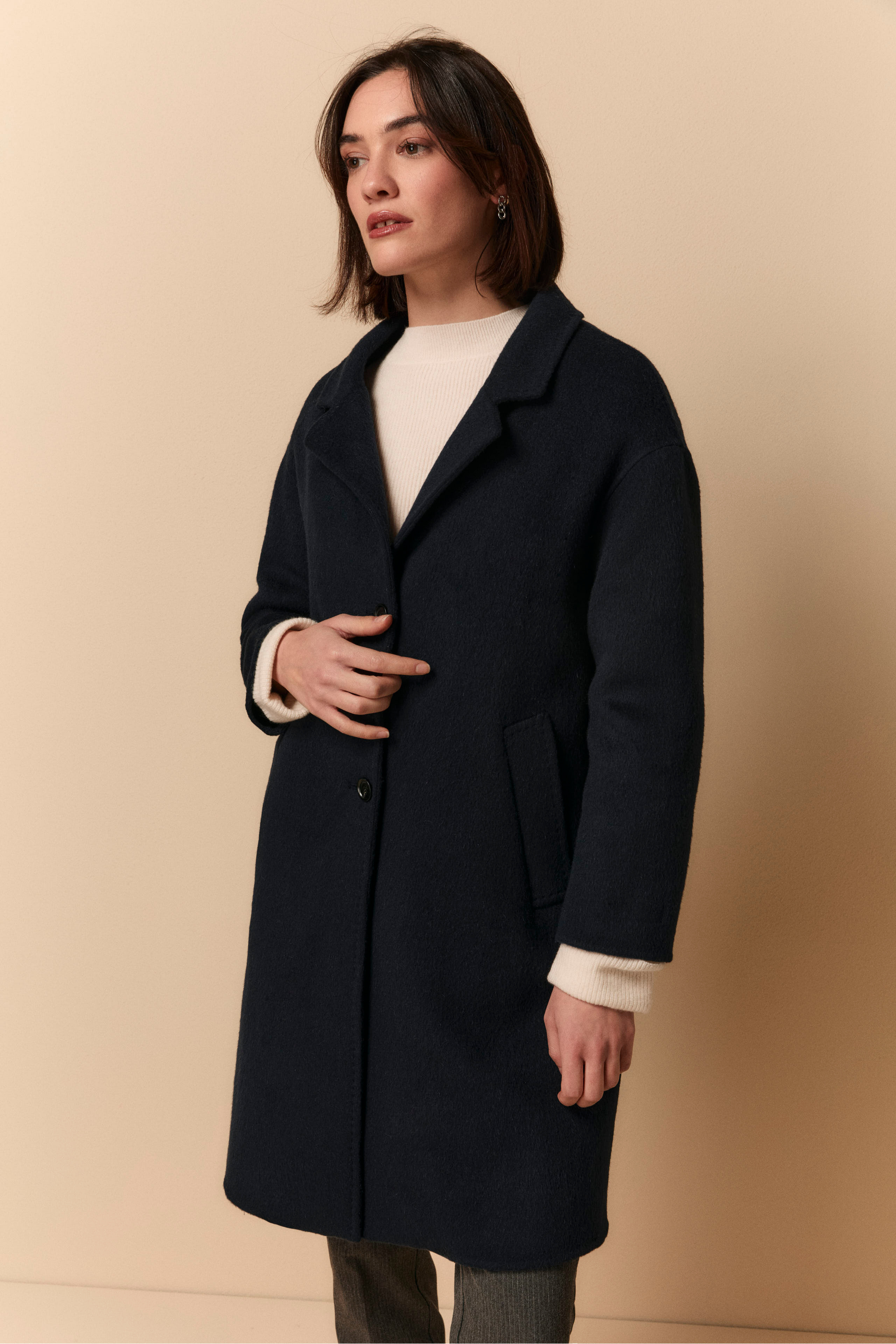 Midi Wool Coat with Padding - BLUE