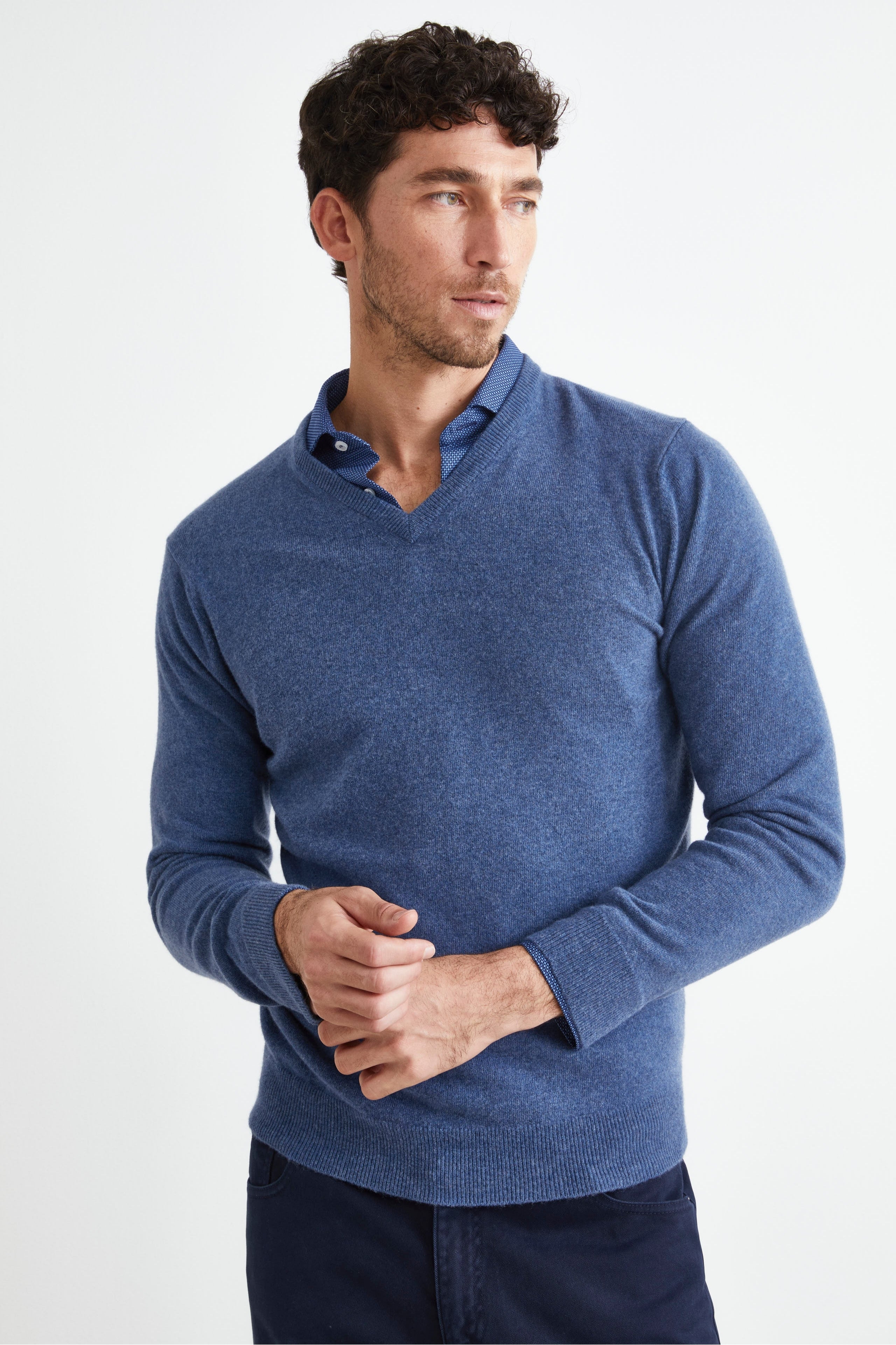 Pull en laine à col en V - JEANS MELANGE