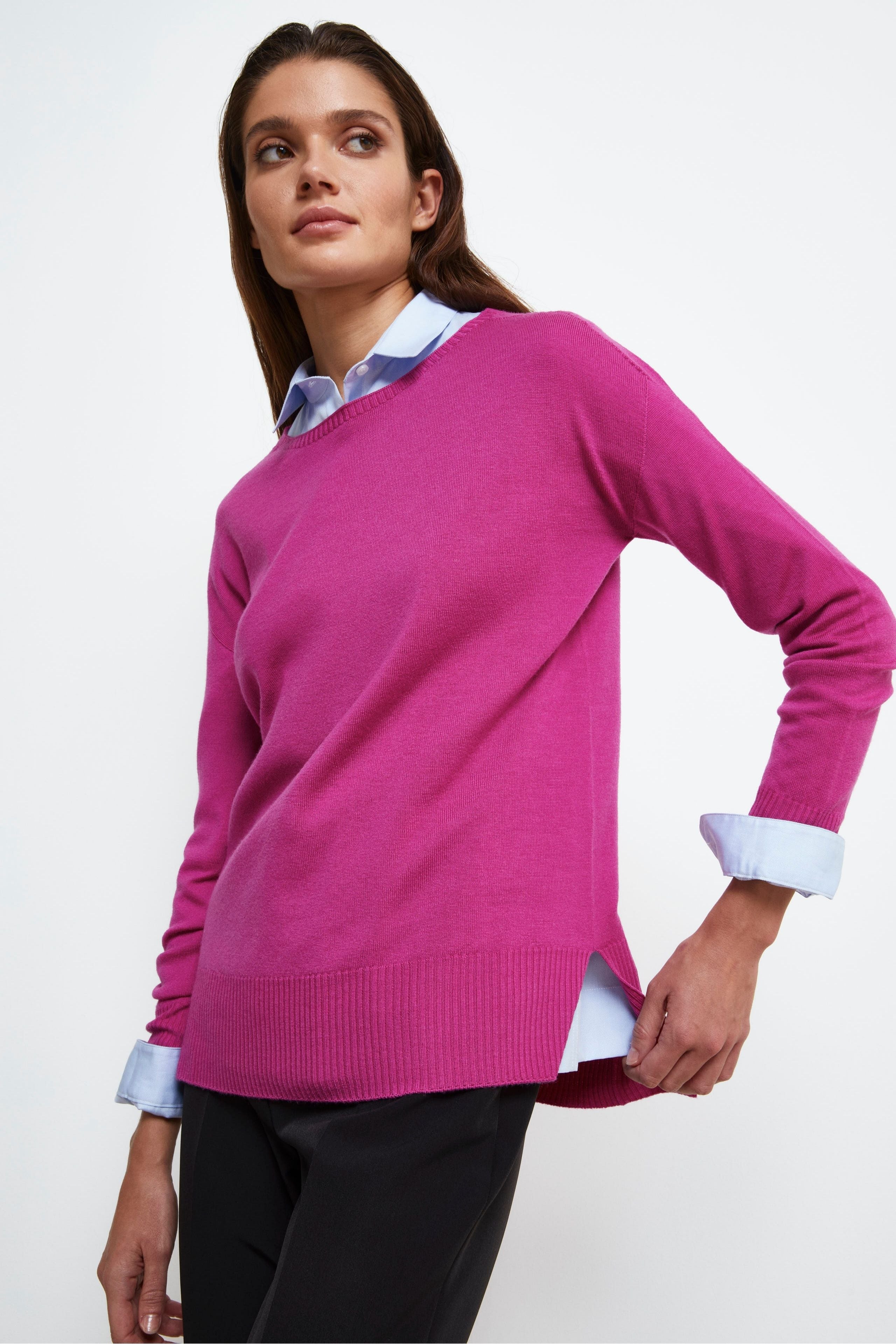 Oversized Boat Neck Sweater in Merino Wool - FUCHSIA