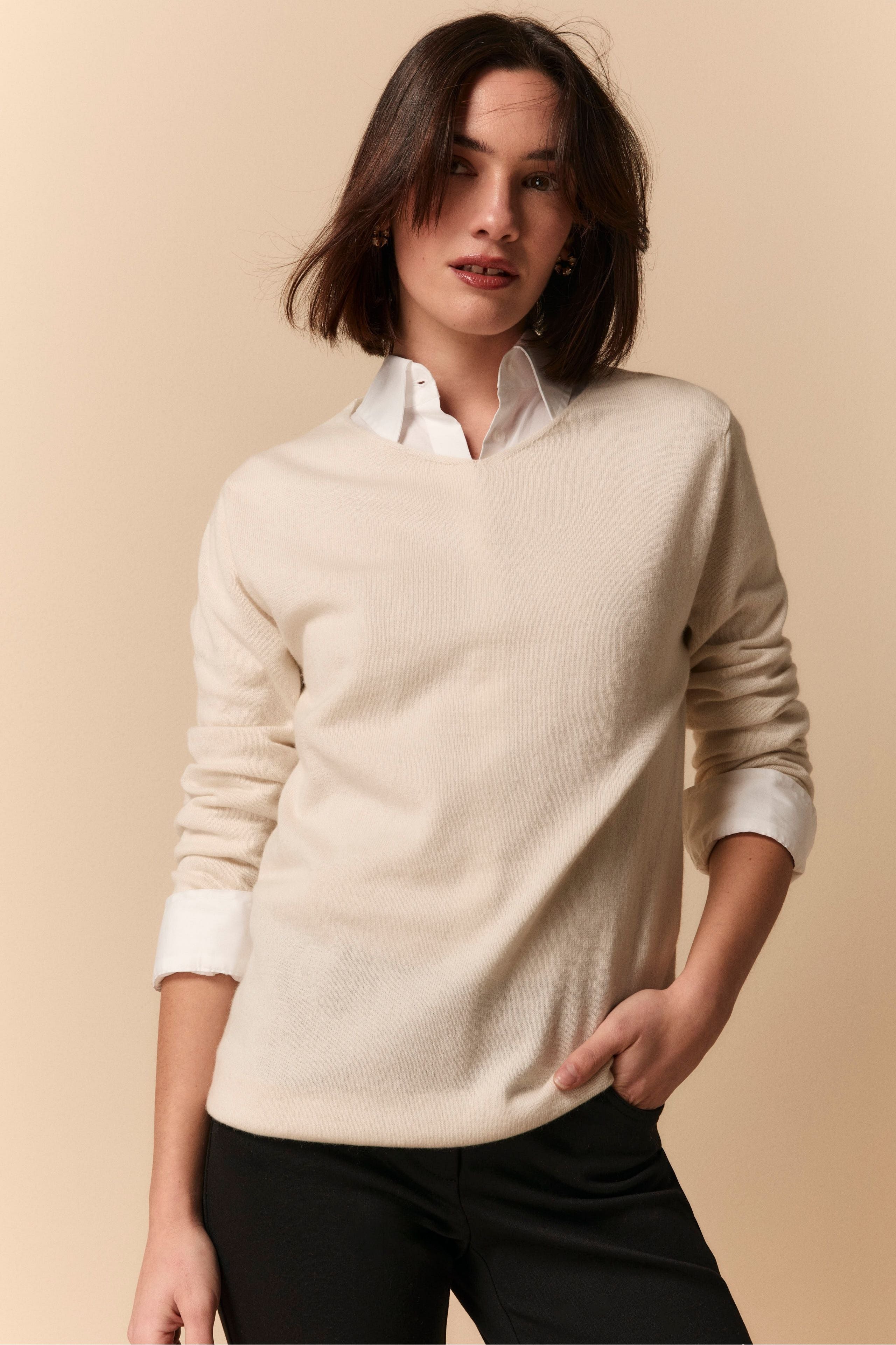 V-Ausschnitt Pullover aus Seide und Kaschmir - Creme weiß