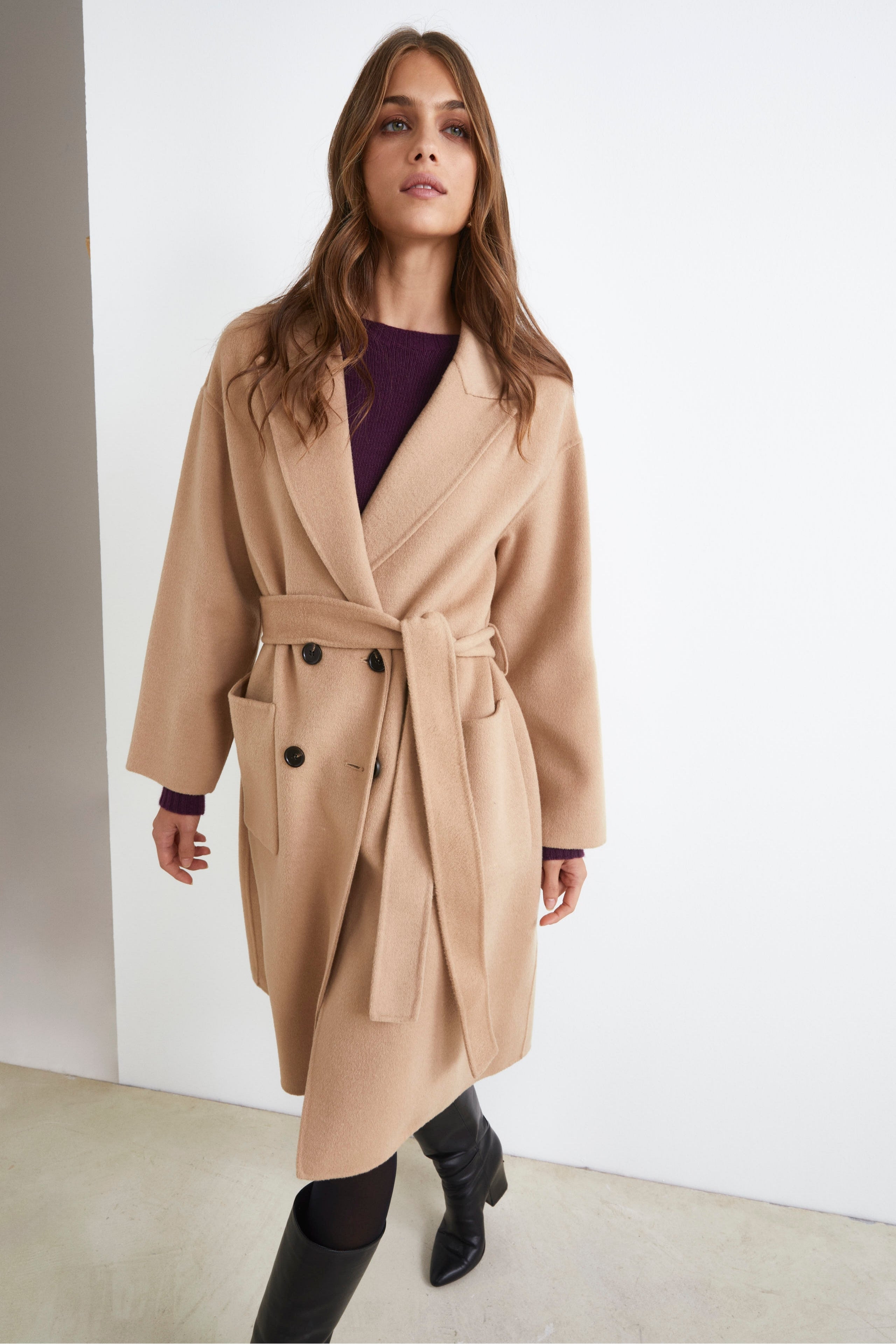 Double-Breasted Coat with Belt - CAMEL