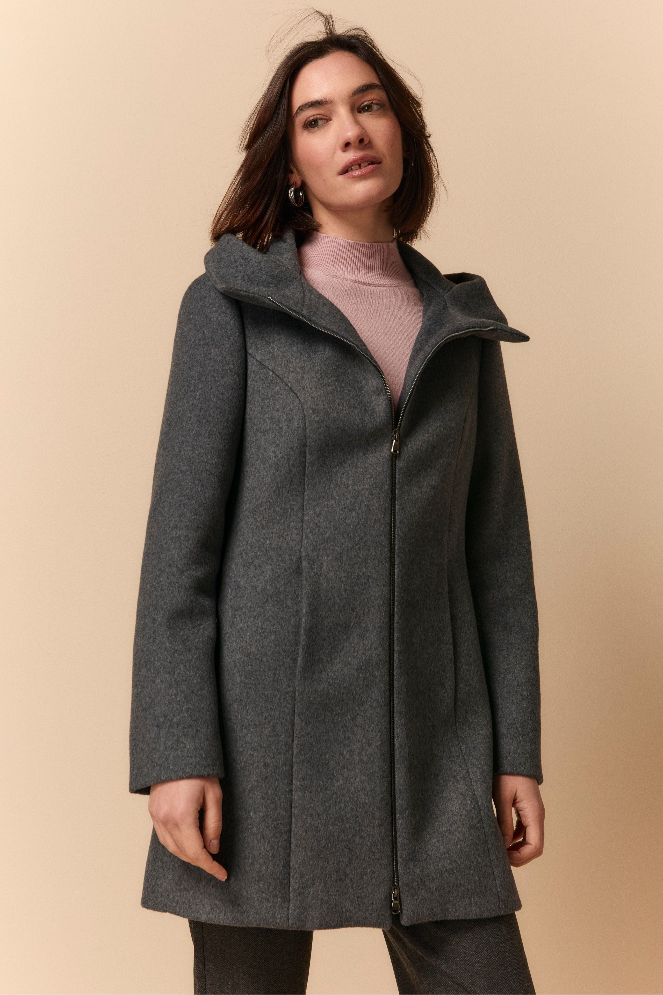 Midi Coat with Hood and Zip - GREY