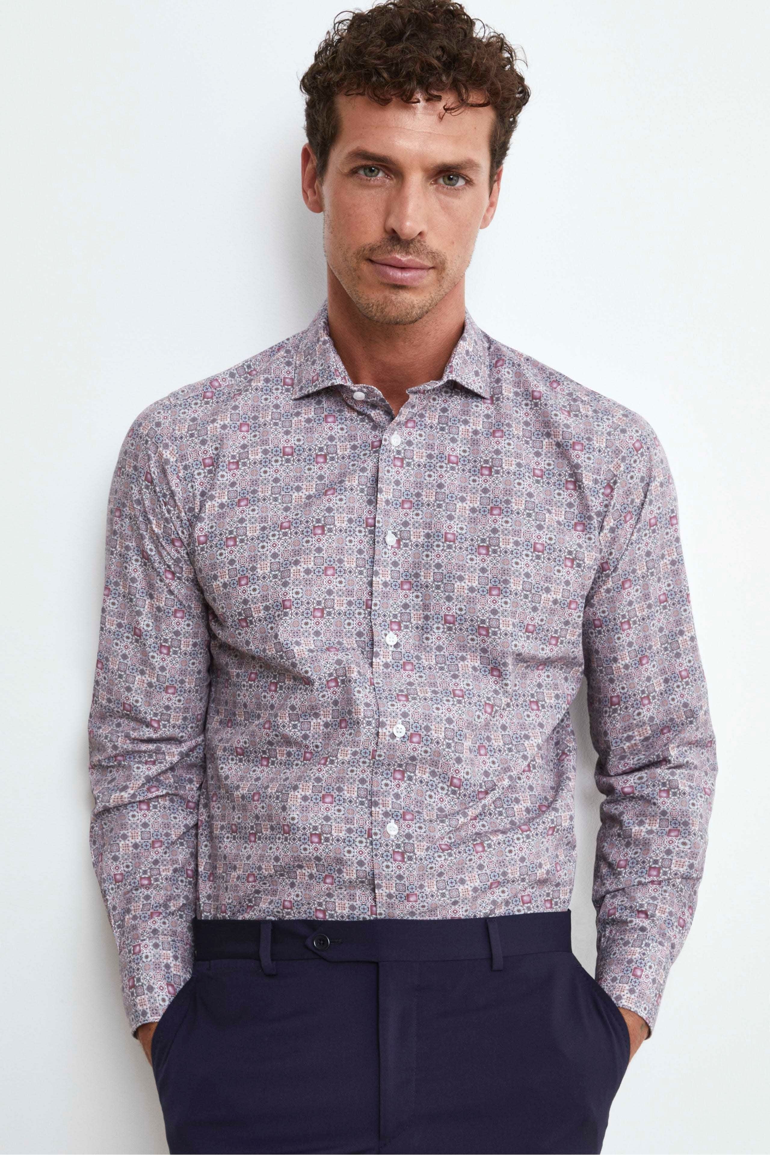 Regular Fit Patterned Shirt in Poplin - WHITE-RED PATTERN