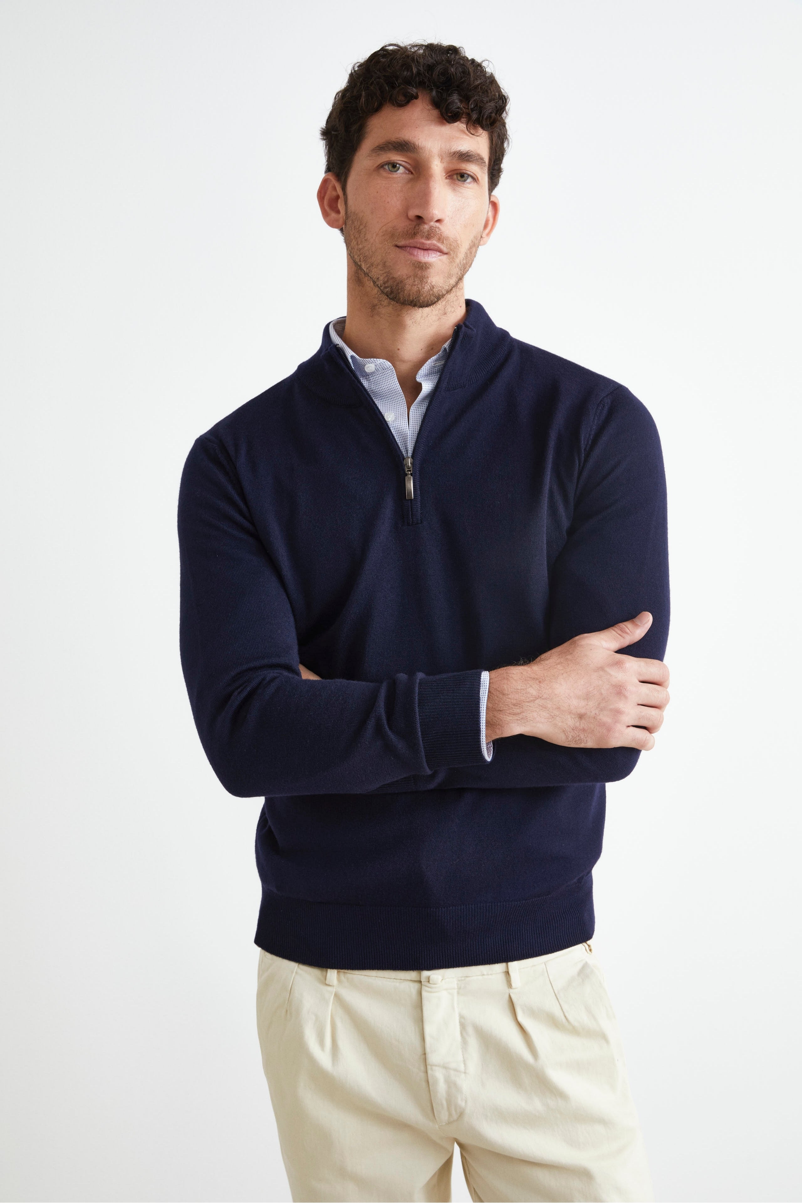 Turtleneck with Zip in Merino Wool - BLUE