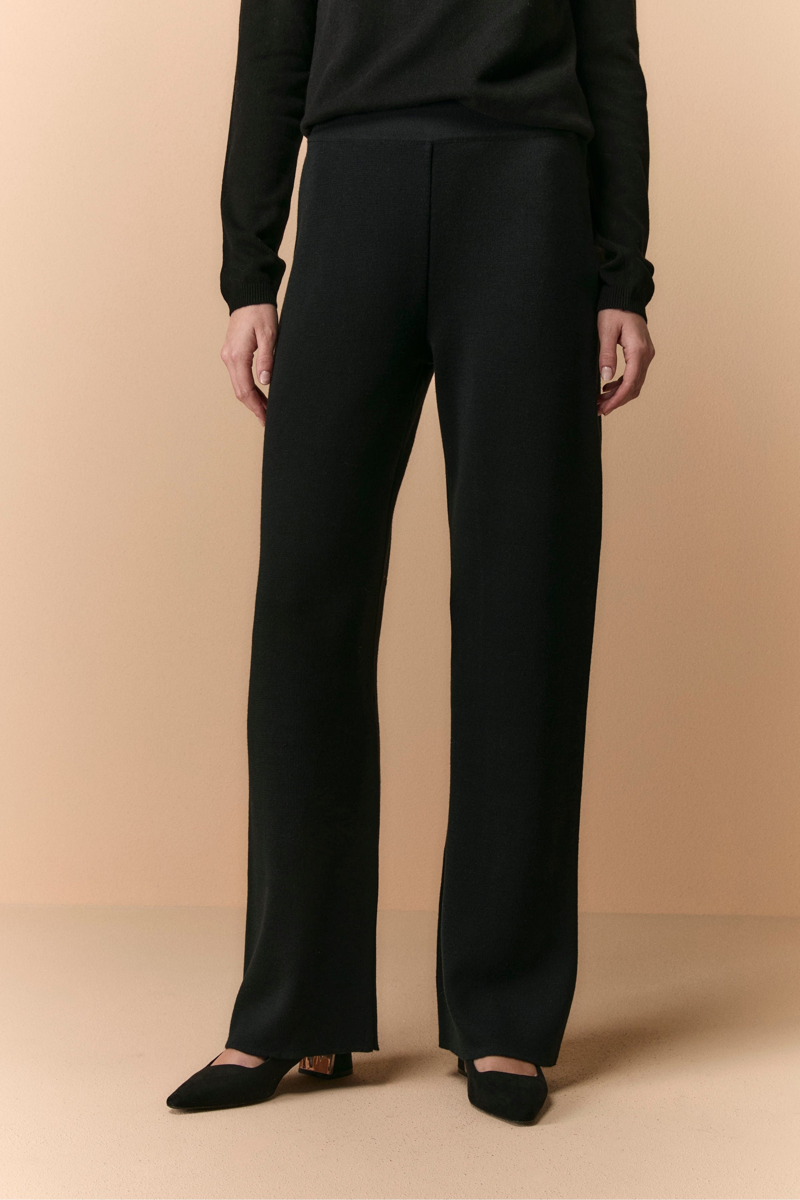 Pantalon Palazzo en Laine Mélangée - NOIR