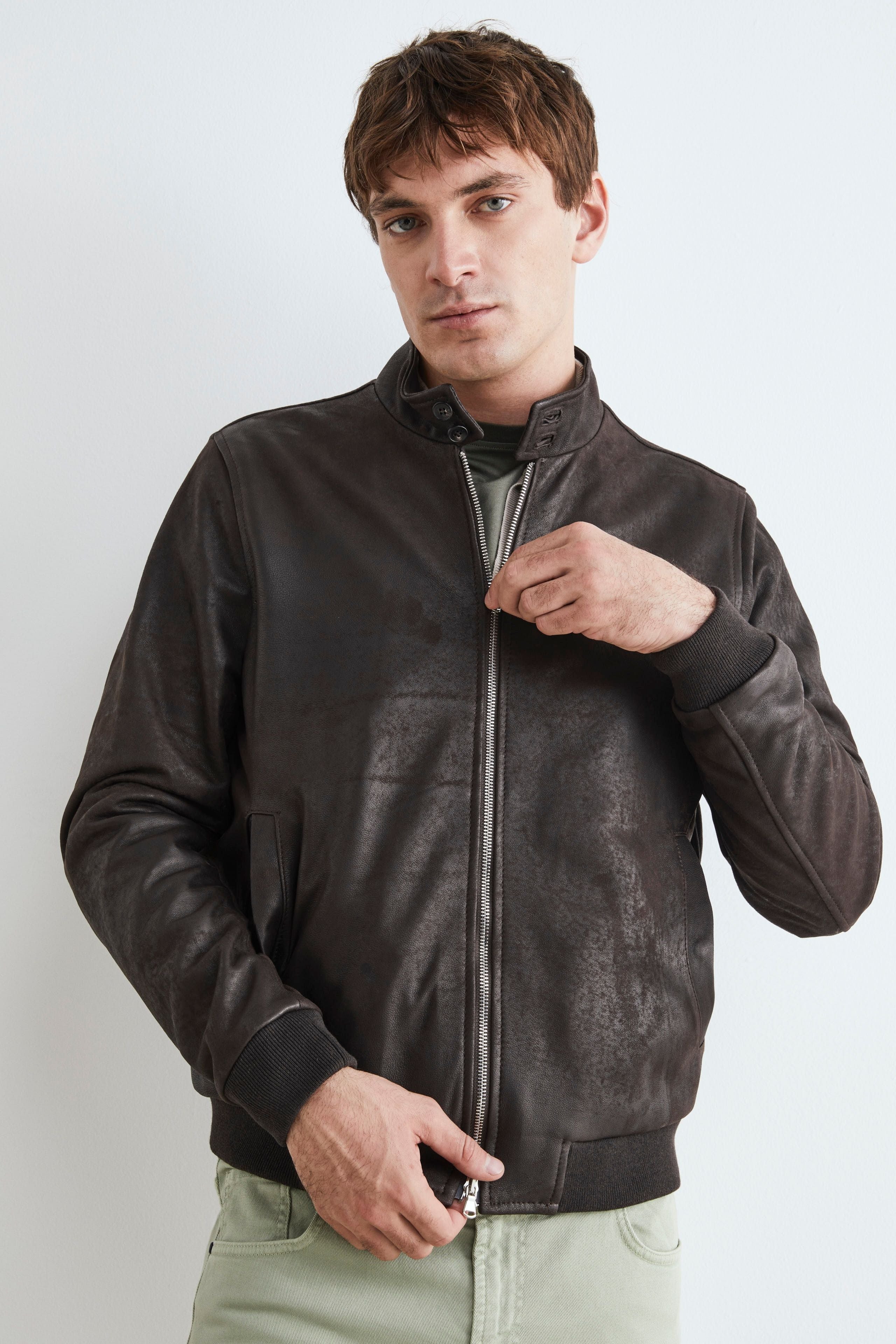 Veste bombardier en cuir pour hommes - Marron foncé